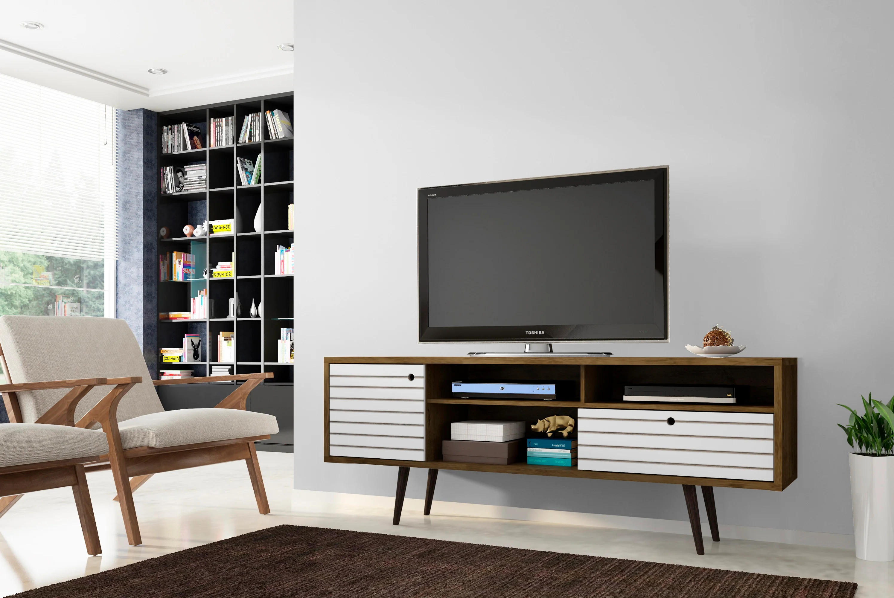 Liberty 70.86" Mid-Century Modern TV Stand in Rustic Brown and White - Image 2