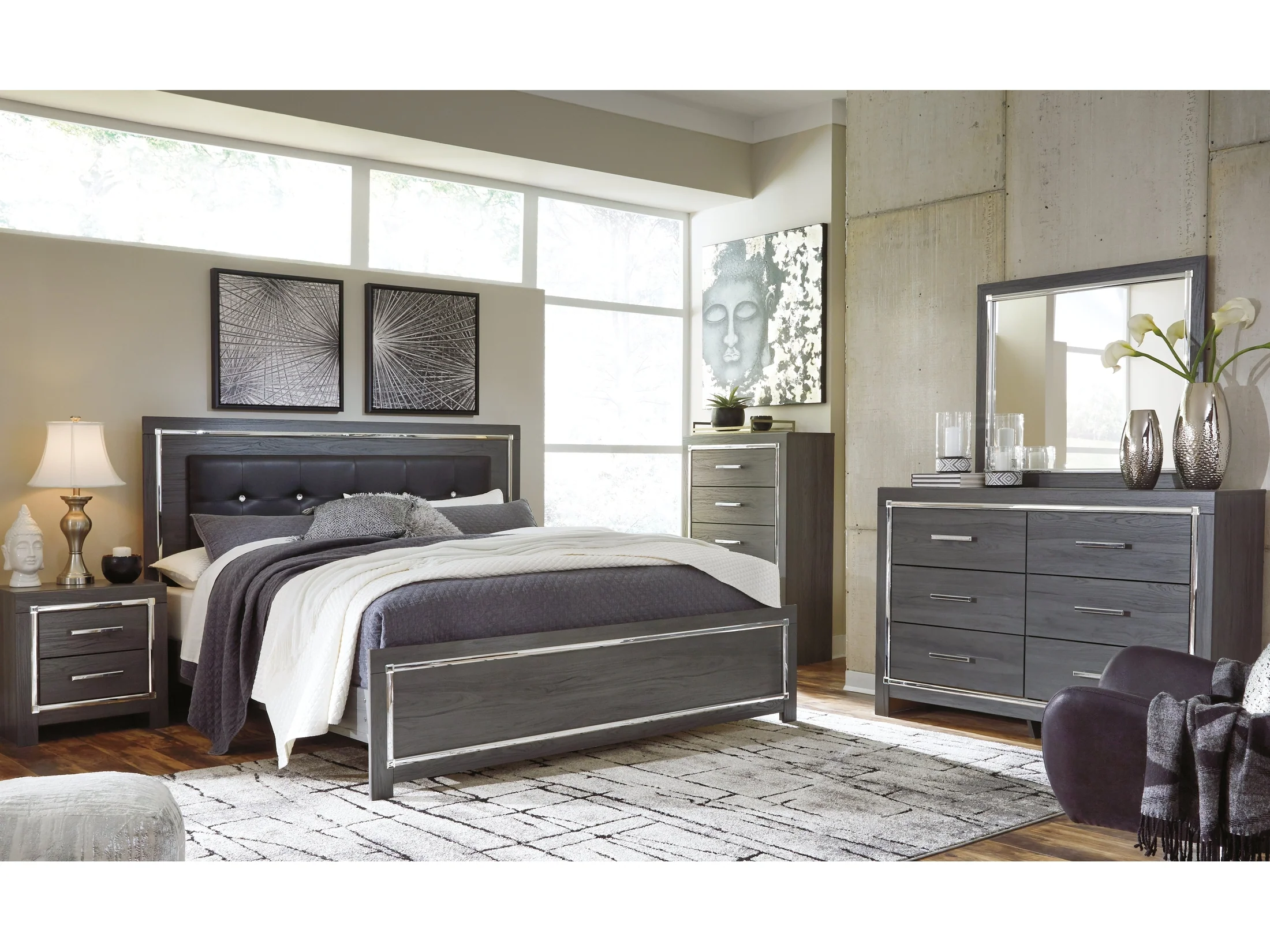 Lodanna Gray King Panel Bedroom Set with Dresser, Mirror, Chest and 2 Nightstands