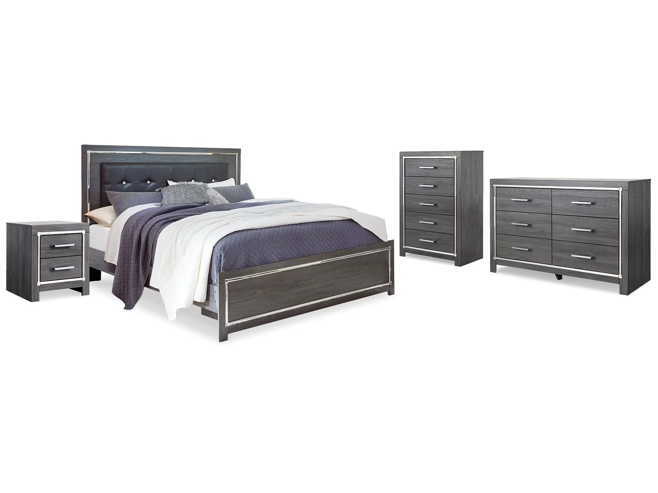 Lodanna Gray King Upholstered Panel Bedroom Set with Dresser, Chest and 2 Nightstands (Online Special Price) - Image 2