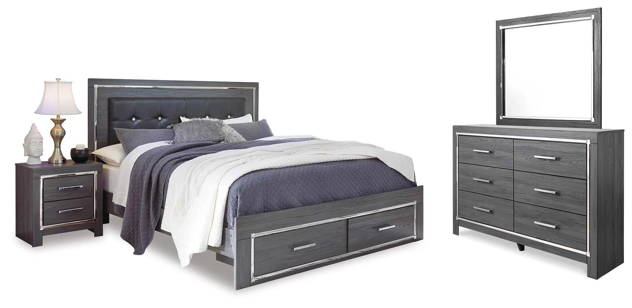 Lodanna Gray King Upholstered Storage Bed, Dresser, Mirror, and Nightstand - Image 2
