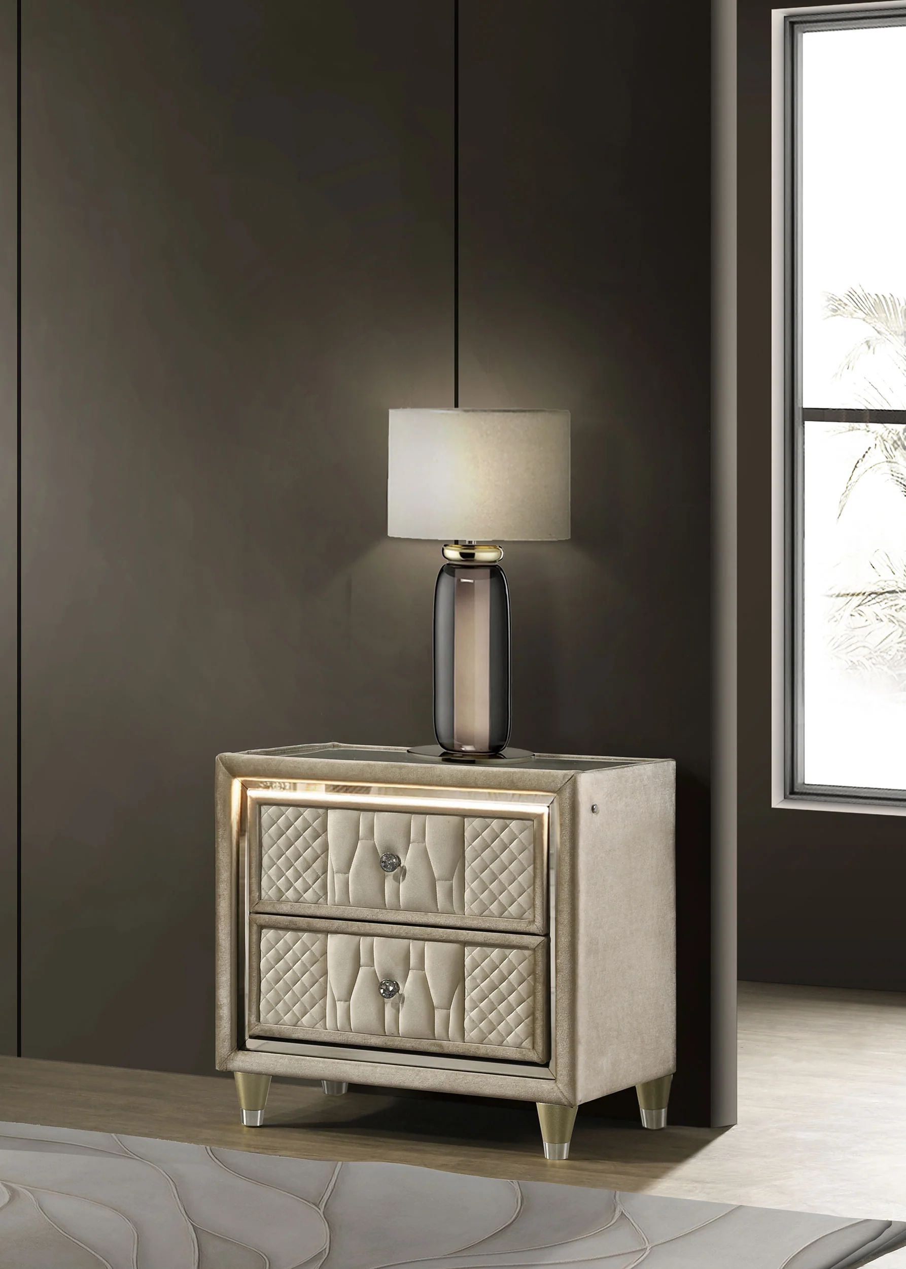 Lorient Ivory/Camel 2-drawer LED Nightstand with USB - Image 2