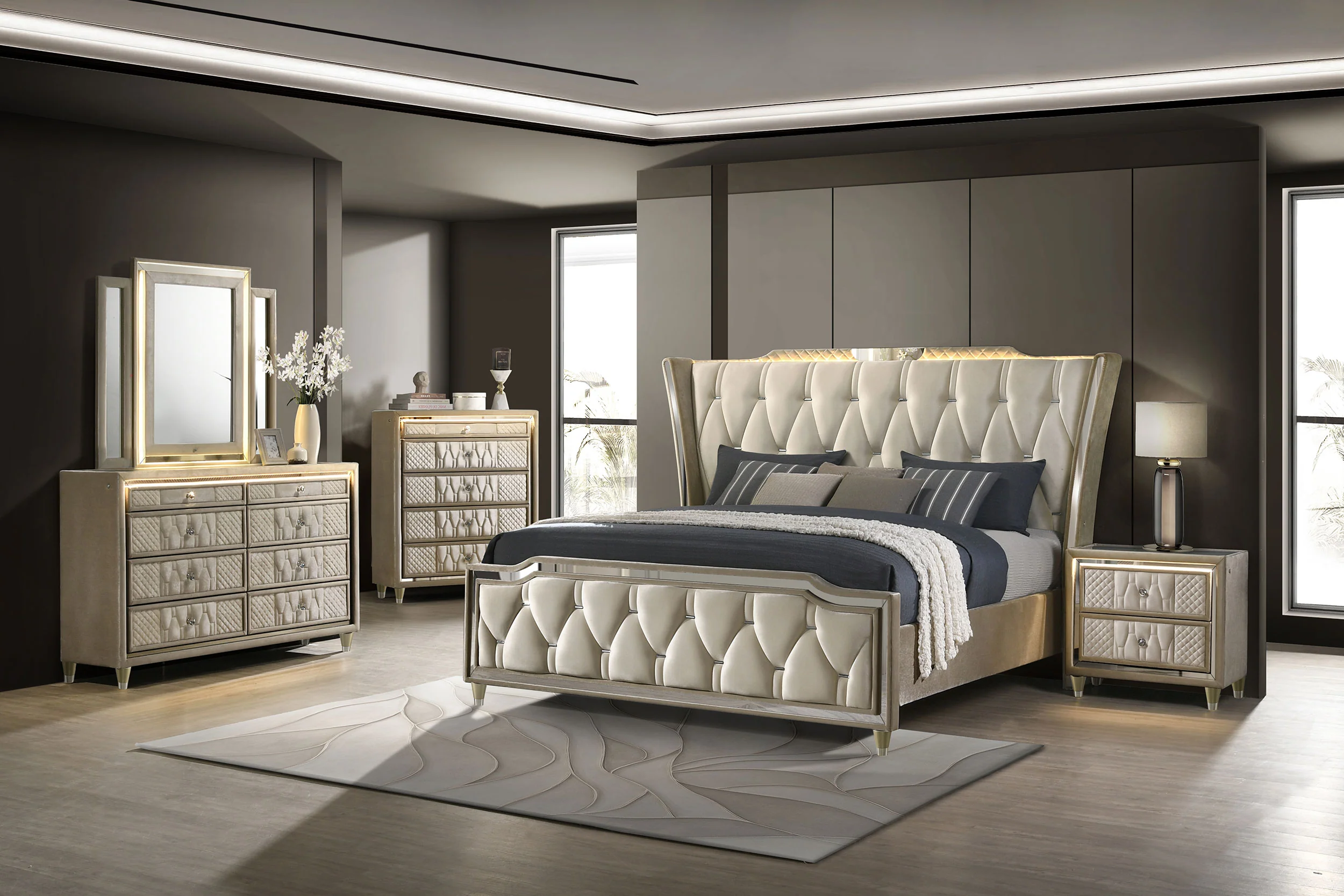 Lorient Ivory/Camel 8-drawer LED Bedroom Dresser Cabinet - Image 15