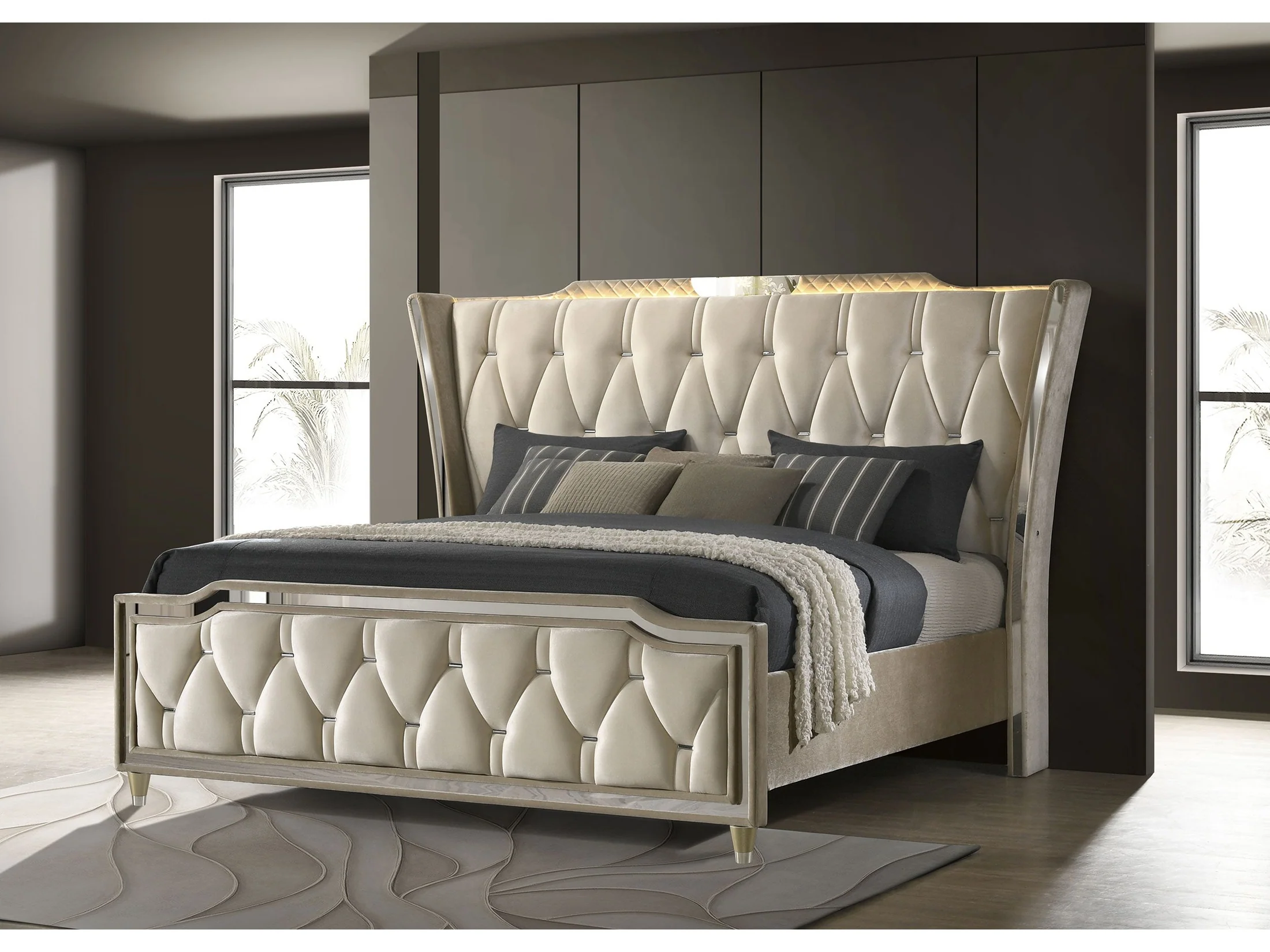 Lorient Ivory/Camel Queen LED Upholstered Wingback Bed