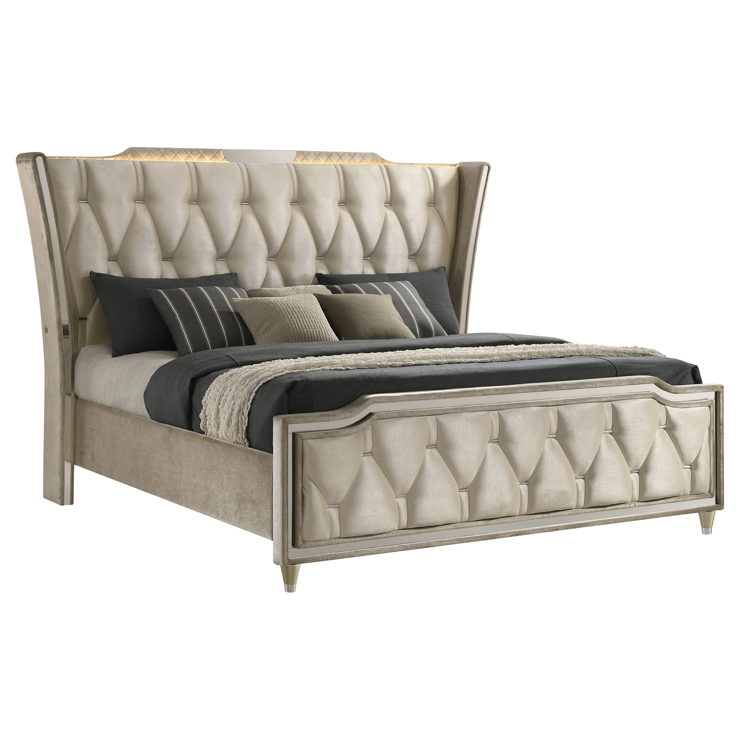 Lorient Ivory/Camel Queen LED Upholstered Wingback Bed - Image 3