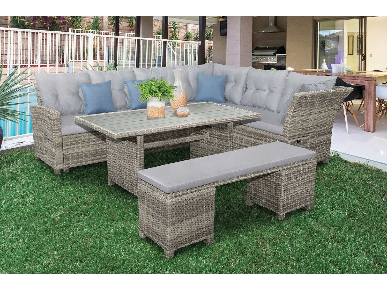 Malia Gray Sectional Set w/ Table & Bench(2 x Ottomans)