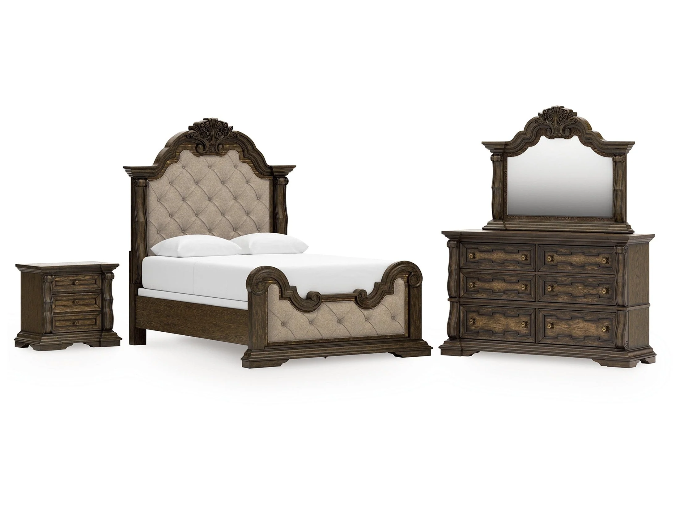 Maylee Dark Brown Queen Upholstered Panel Bedroom Set with Dresser, Mirror and Nightstand (Online Special Price)