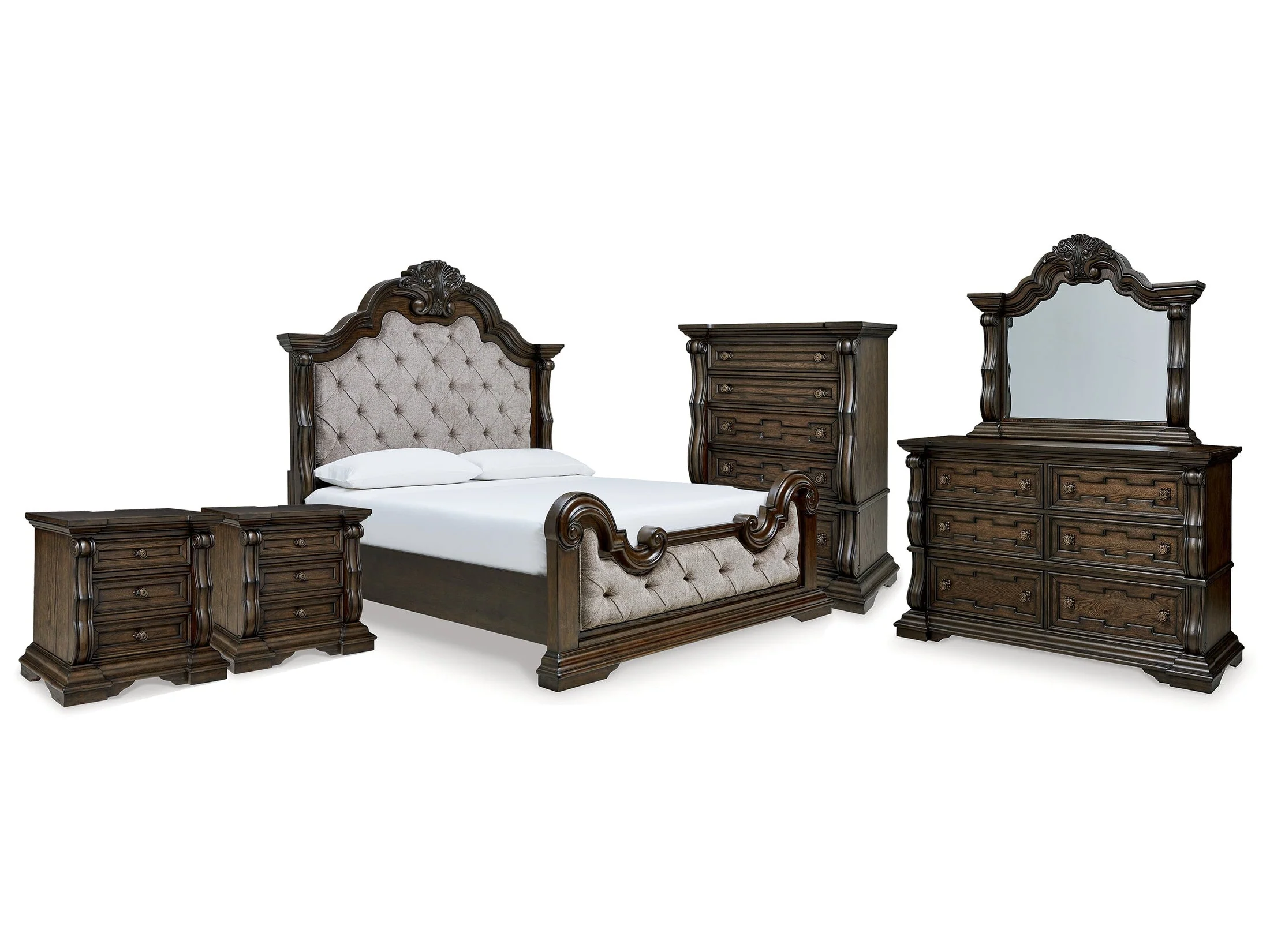 Maylee King Upholstered Bed & Dresser & Mirror & Chest & 2 Nightstands (Online Special Price)