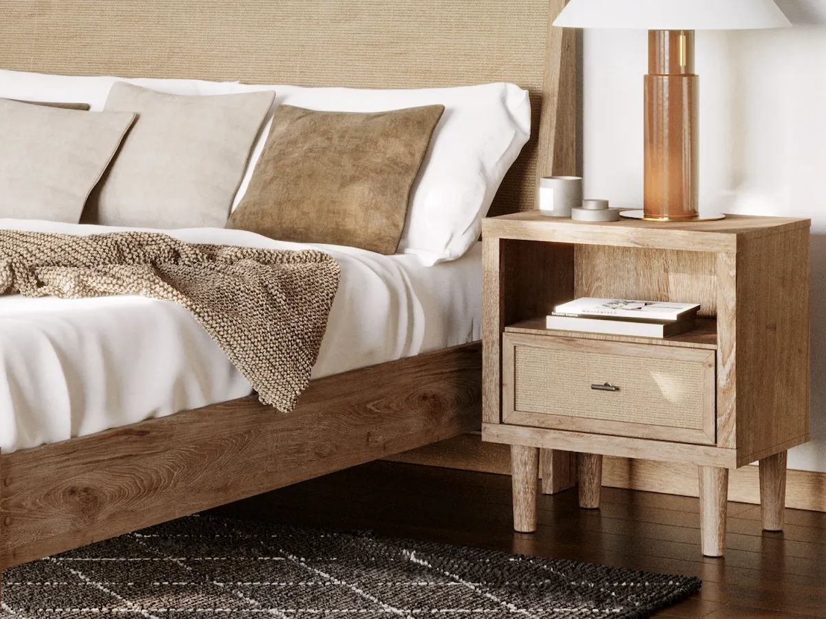 Mira Light Oak Full Bed Frame and 2 Smart Nightstands - Image 3