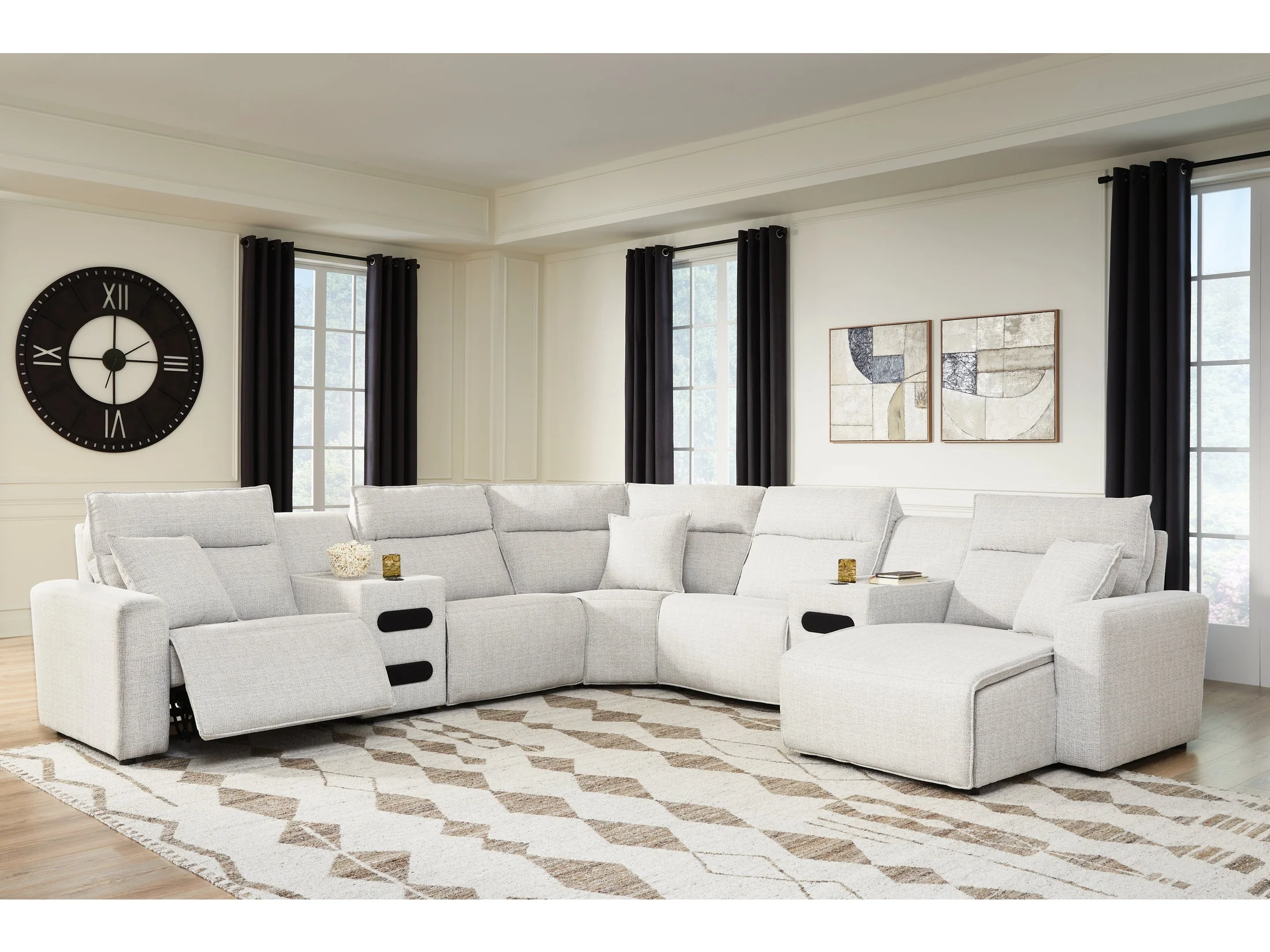 Modmax II Stone 7-Piece Power Reclining Sectional w/ Chaise and Audio Consoles (Online Special Price)