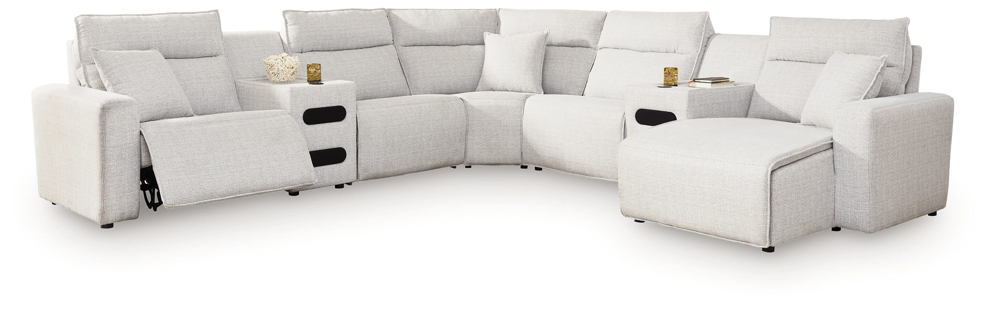 Modmax II Stone 7-Piece Power Reclining Sectional w/ Chaise and Audio Consoles - Image 2