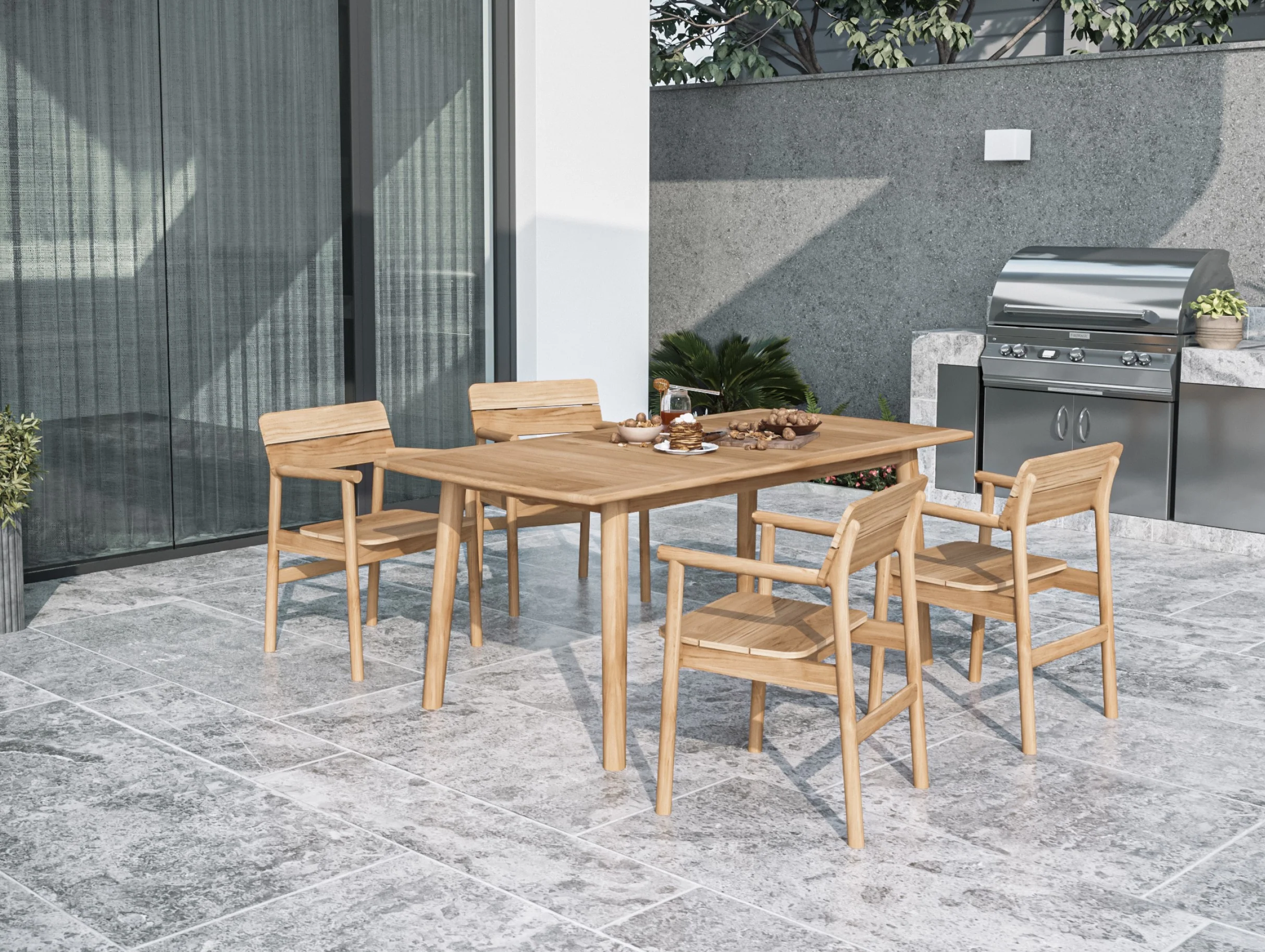 Modurn 5-Piece Rectangular Teak Outdoor Dining Set with Stacking Armchairs