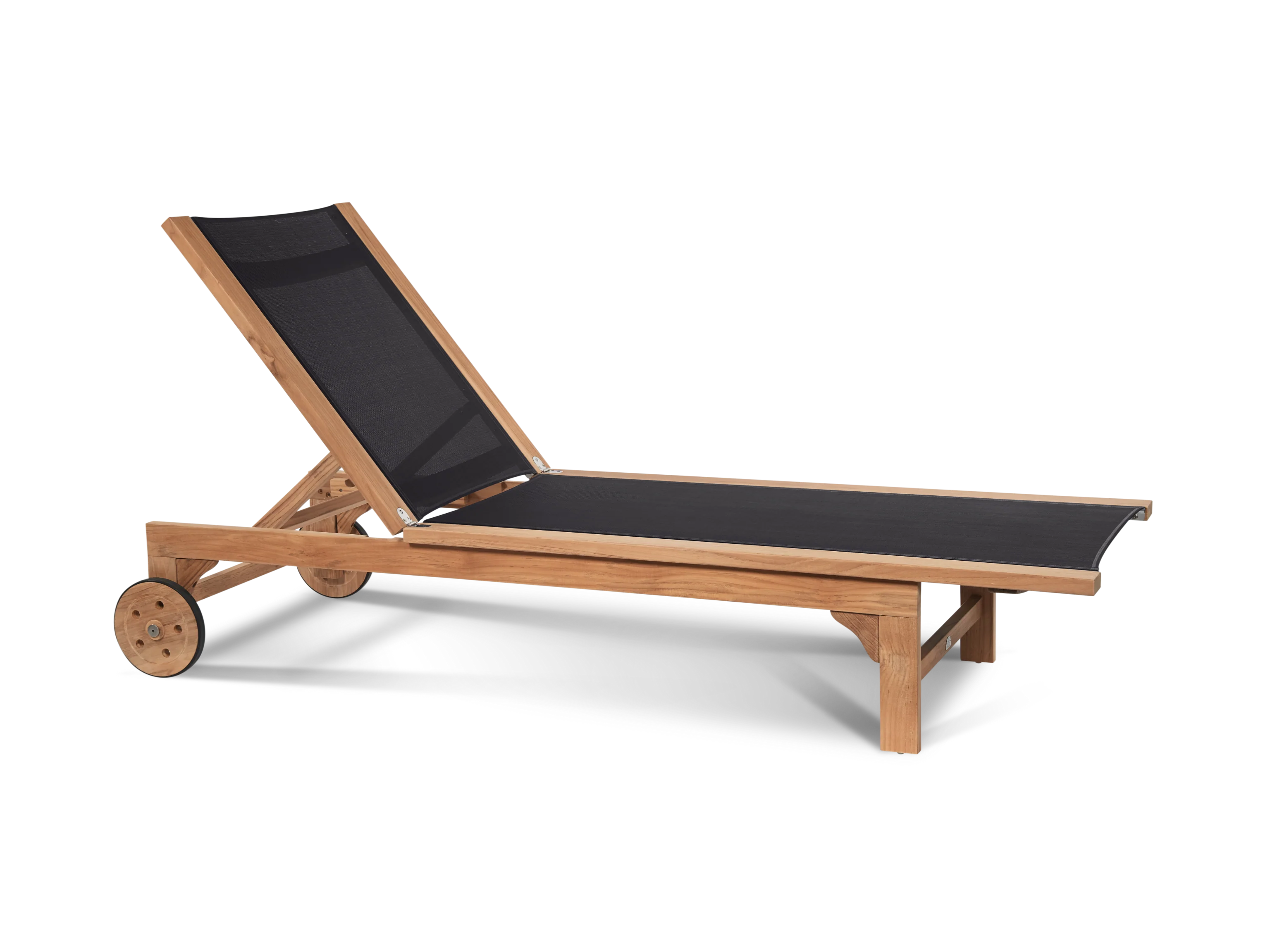Montauk Teak Black Outdoor Reclining Sunlounger with Rear Wheels