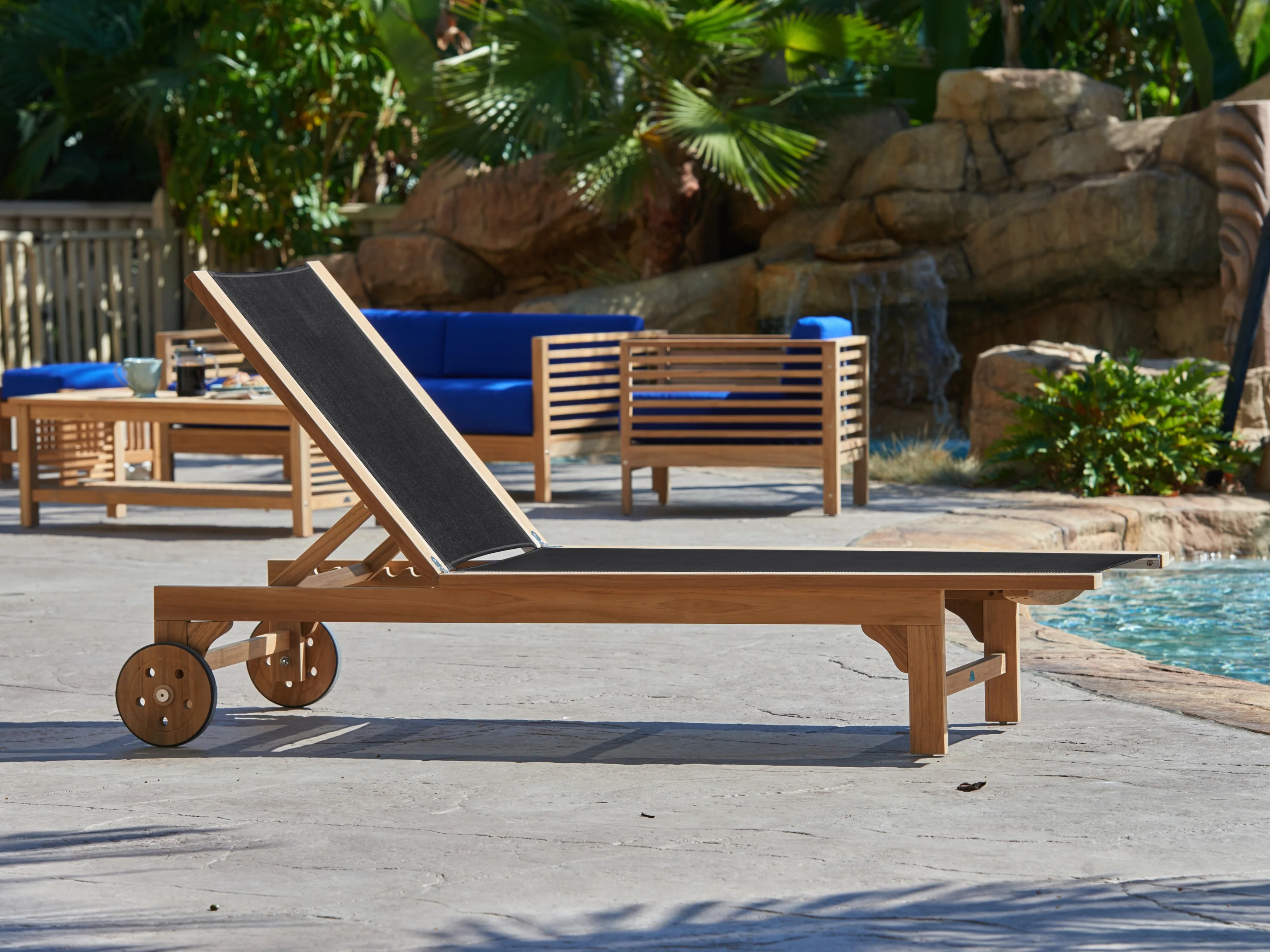 Montauk Teak Black Outdoor Reclining Sunlounger with Rear Wheels - Image 3