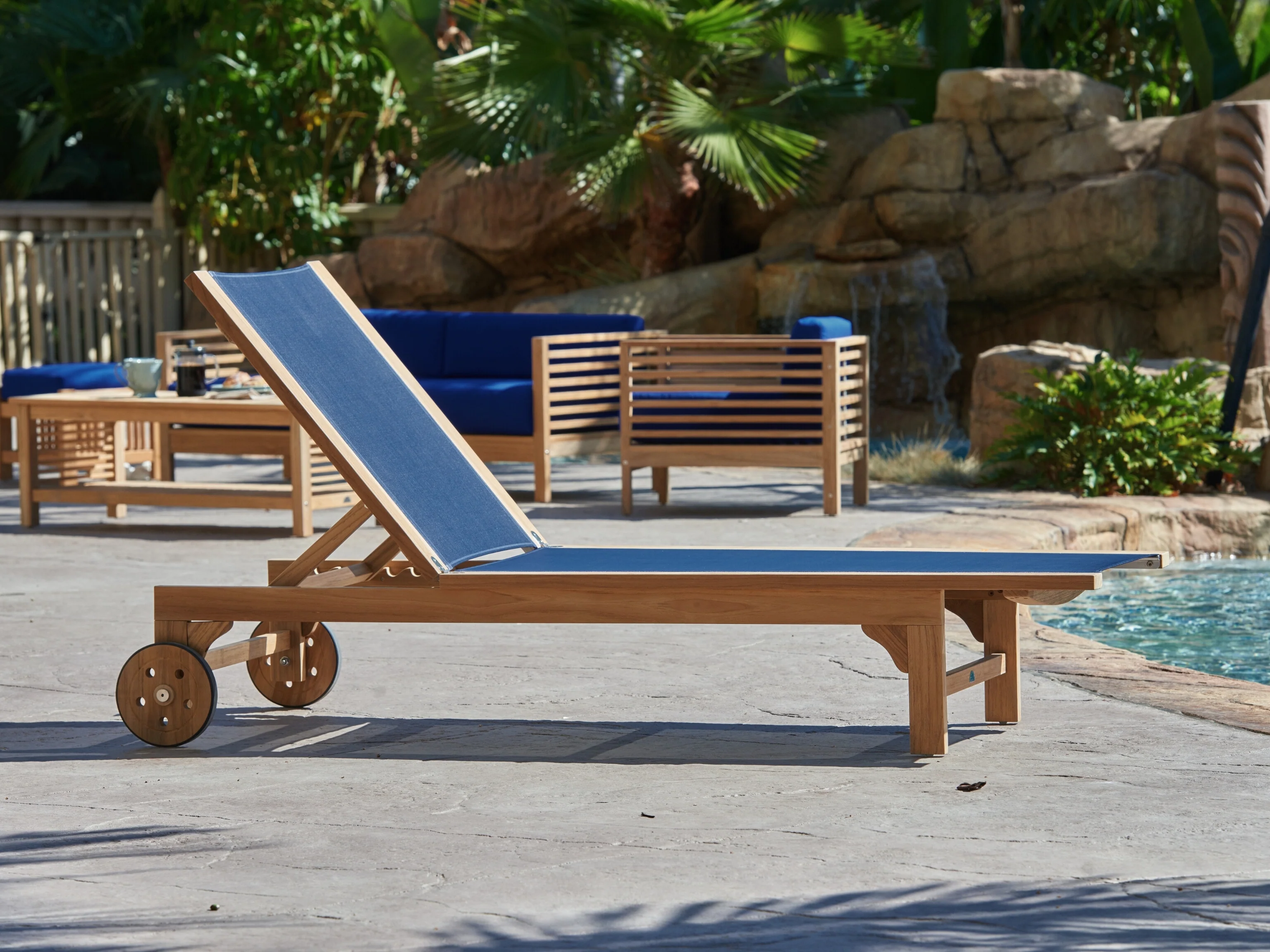 Montauk Teak Blue Outdoor Reclining Sunlounger with Rear Wheels - Image 3