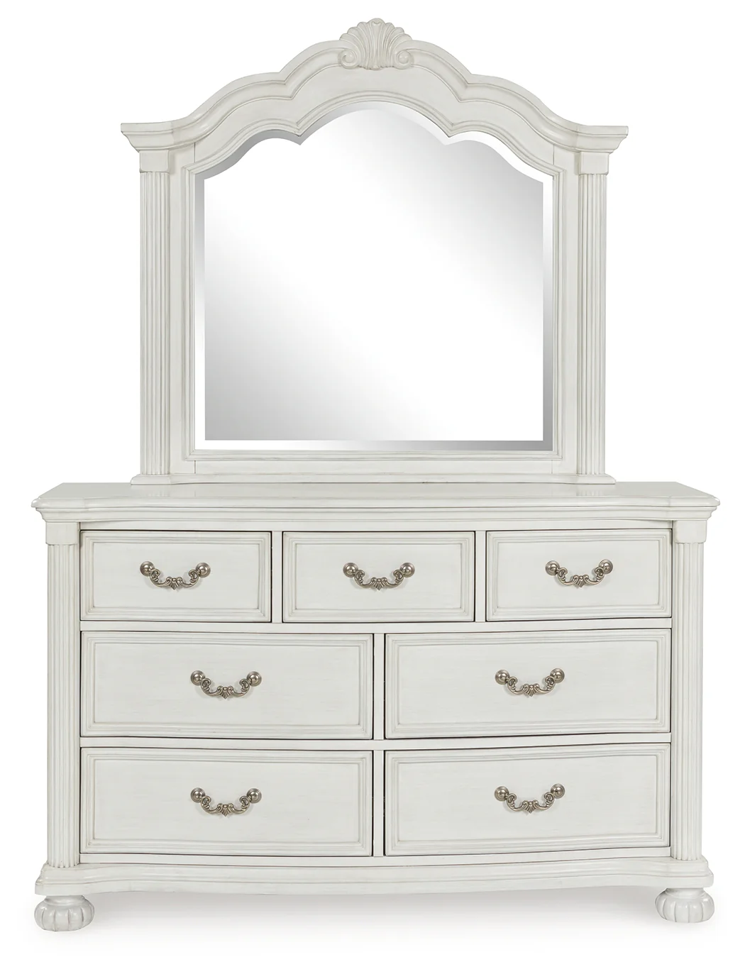 Montelaine Antique White Queen Upholstered Panel Bed, Dresser and Mirror - Image 2