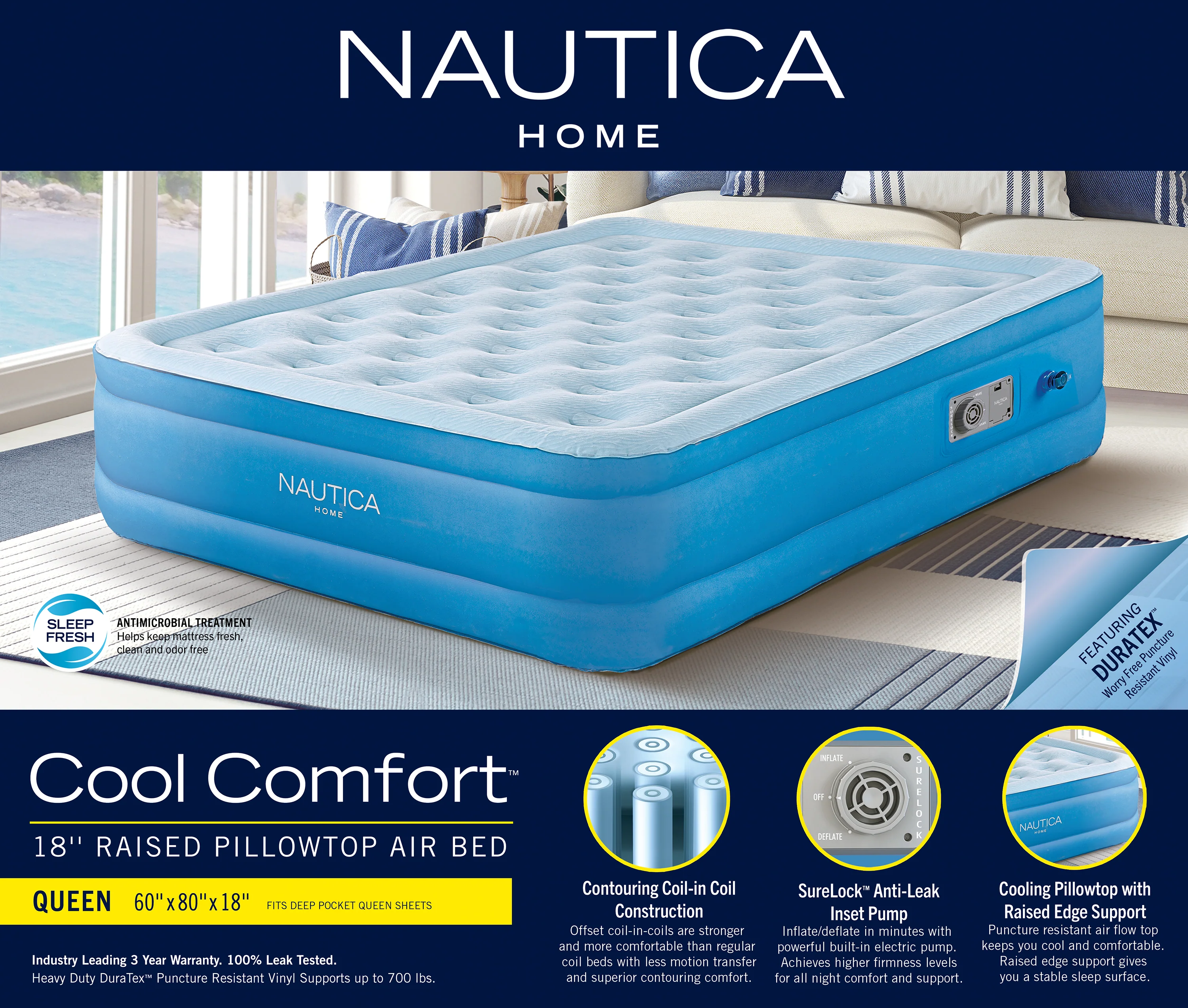 Nautica Cool Comfort Blue Pillowtop Air Mattress with Inset Pump - Image 8