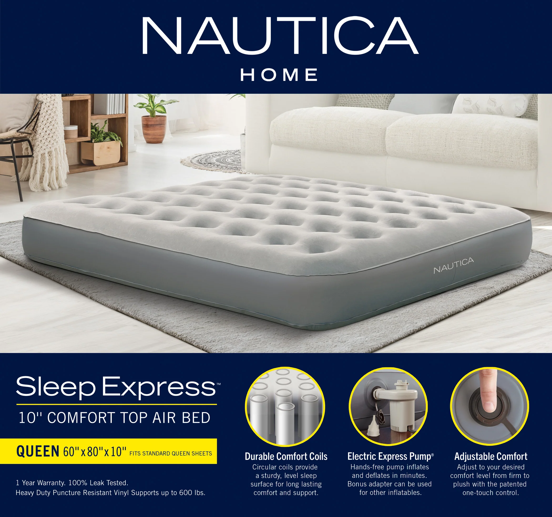 Nautica Home Sleep Express Gray 10” Air Mattress with Express Pump - Image 7