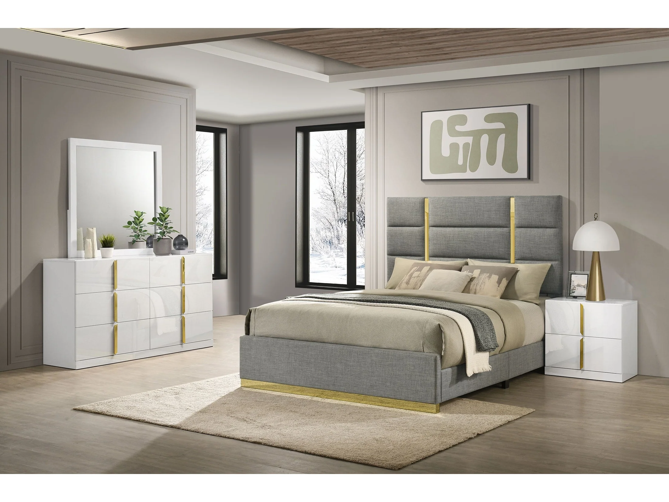 Ines Grey/White High Gloss 4-piece Eastern King Bedroom Set
