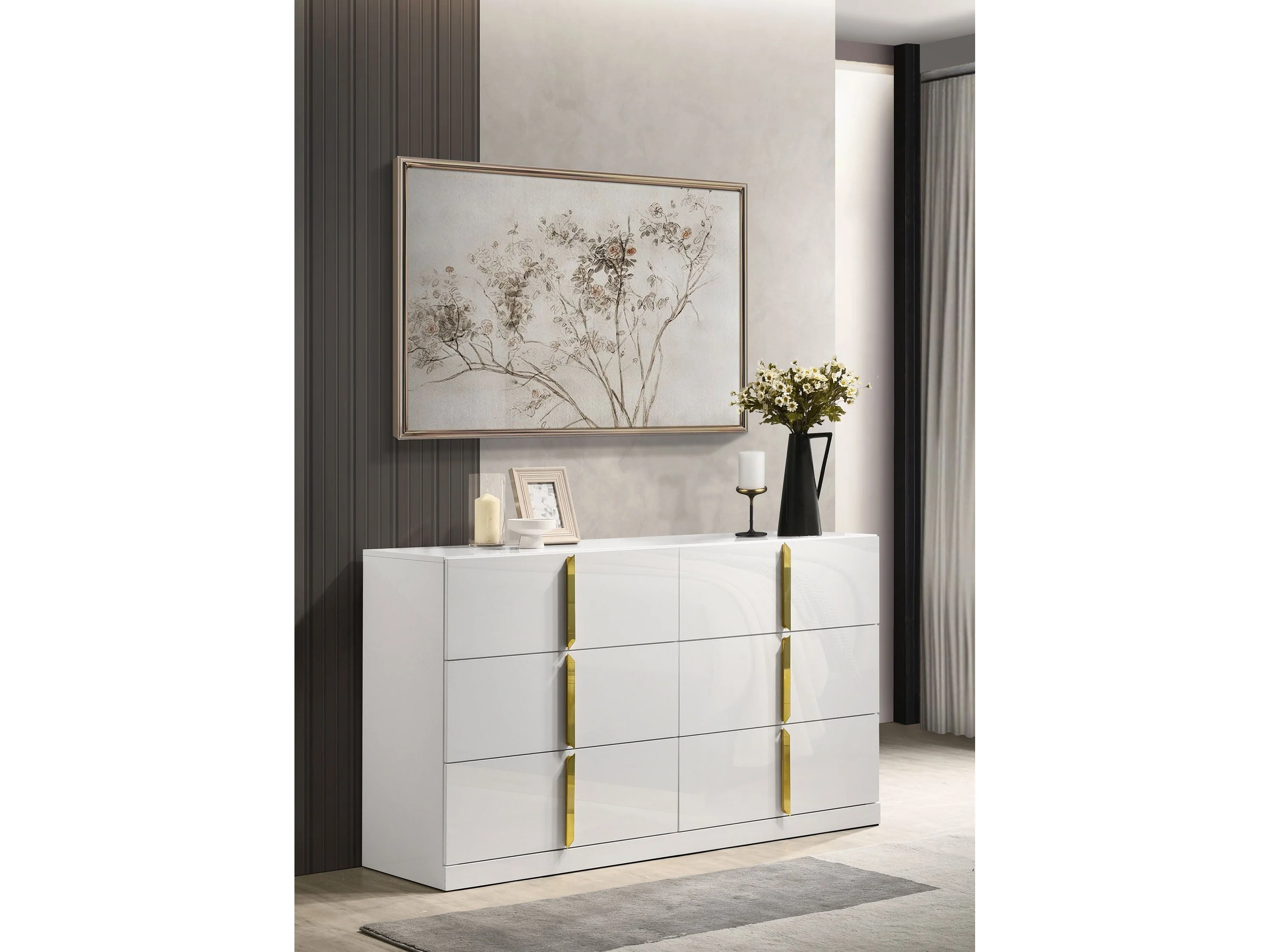 Ines White High Gloss 6-drawer Bedroom Dresser Cabinet