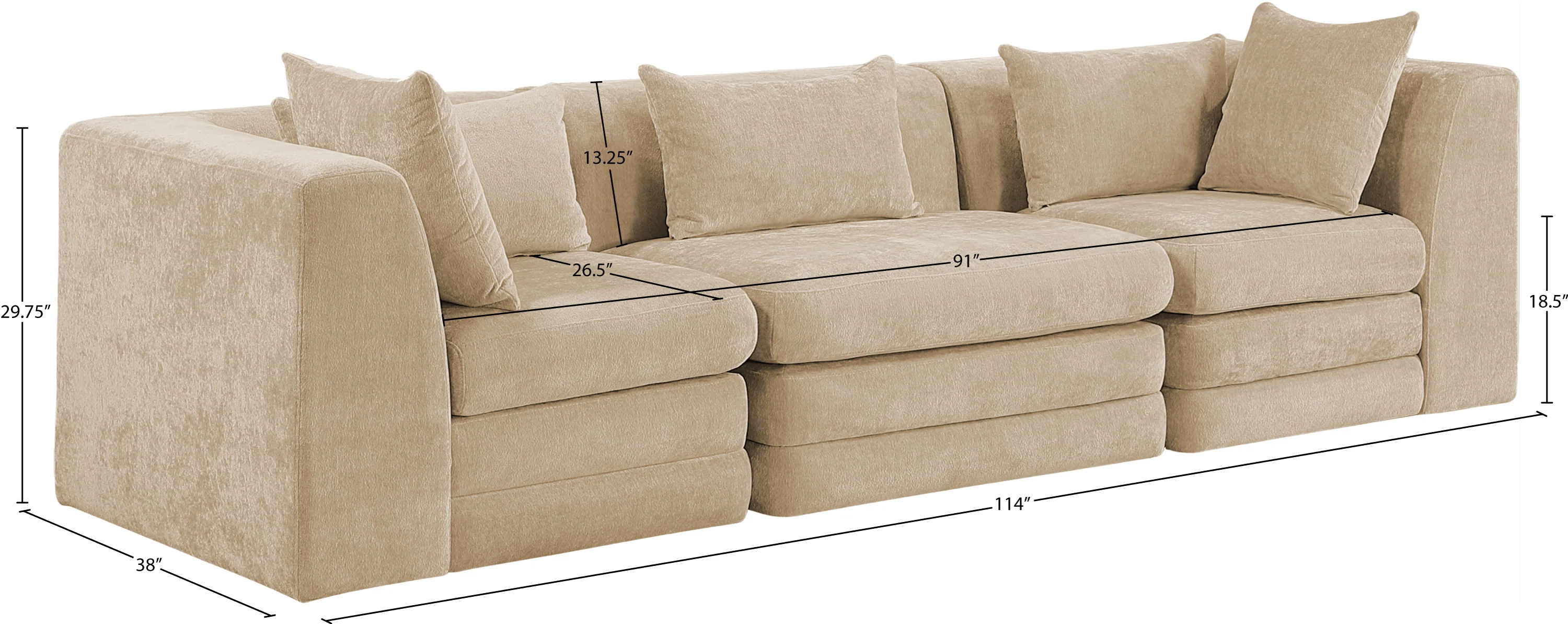 Newport Beige 114" Chenille Fabric Upholstered 3-Piece Modular Sofa - Image 8