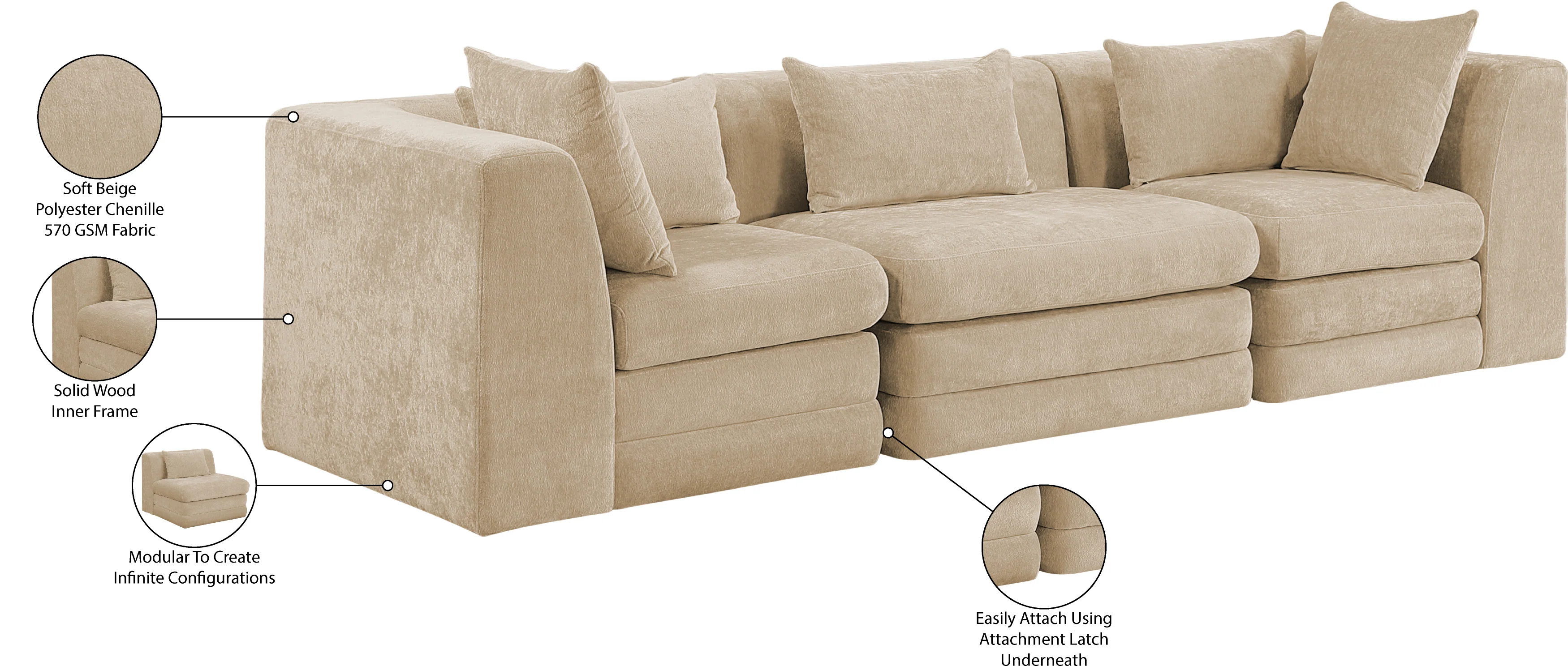 Newport Beige 114" Chenille Fabric Upholstered 3-Piece Modular Sofa - Image 9