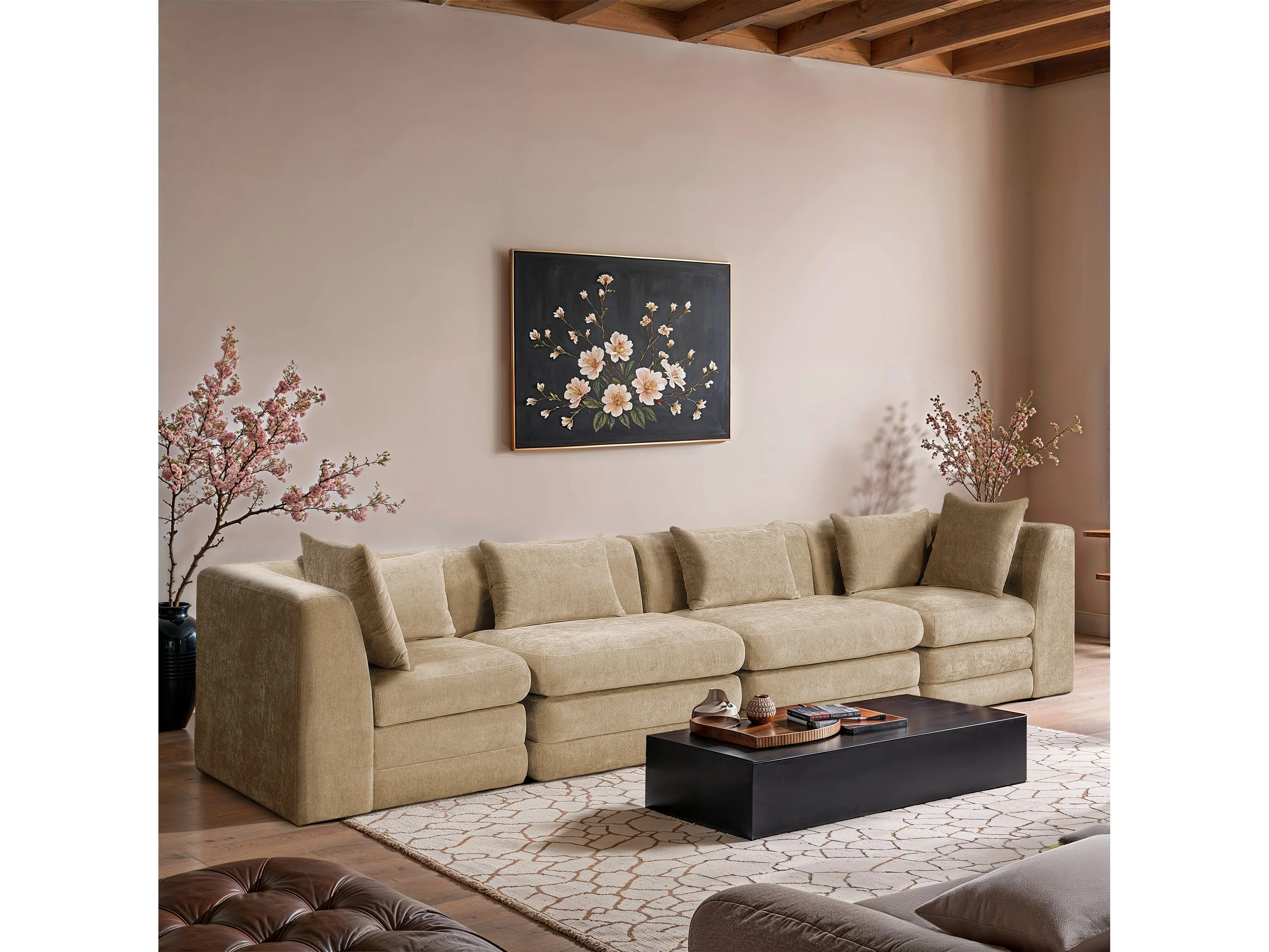 Newport Beige 152" Chenille Fabric Upholstered 4-Piece Modular Sofa
