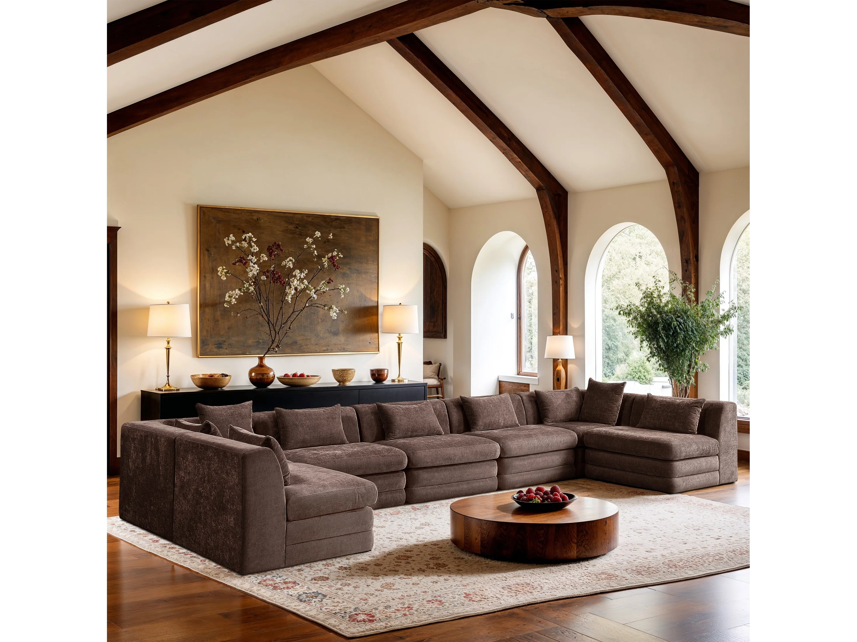 Newport Brown 190" Chenille Fabric Upholstered 7-Piece Modular Sectional