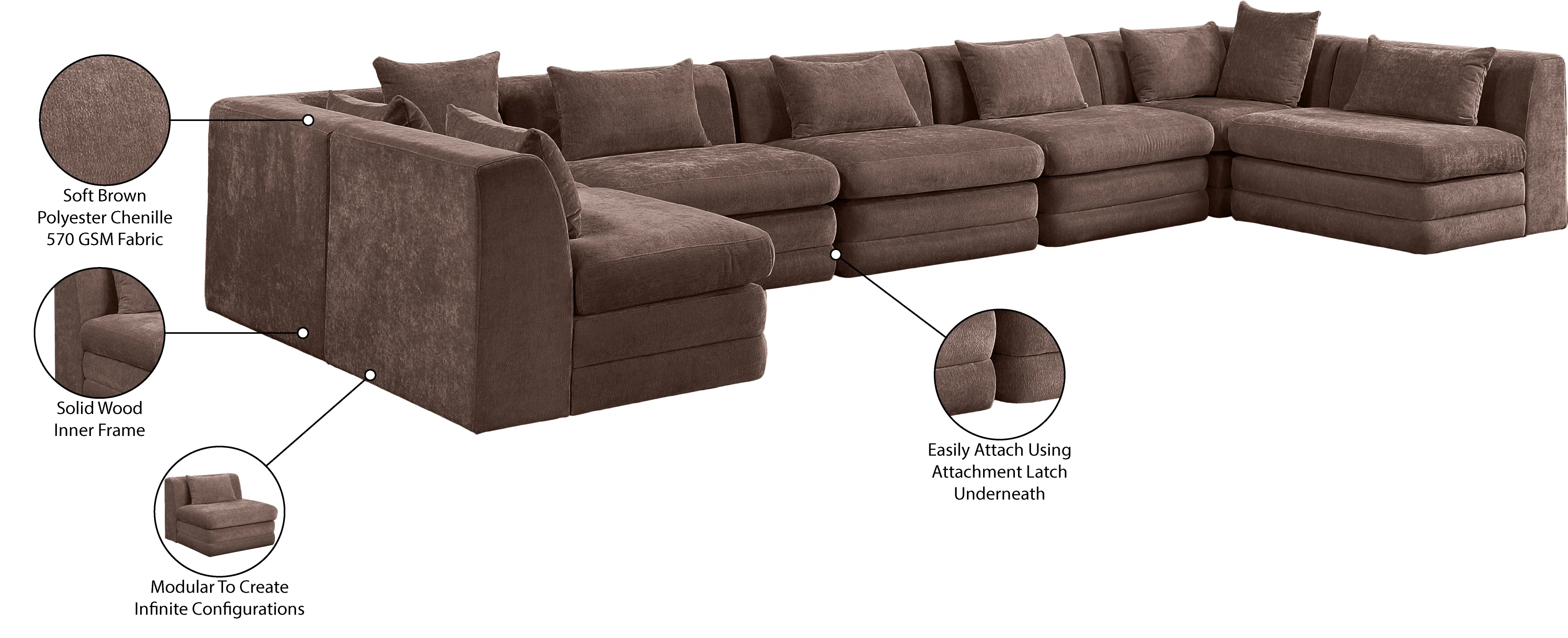 Newport Brown 190" Chenille Fabric Upholstered 7-Piece Modular Sectional - Image 9