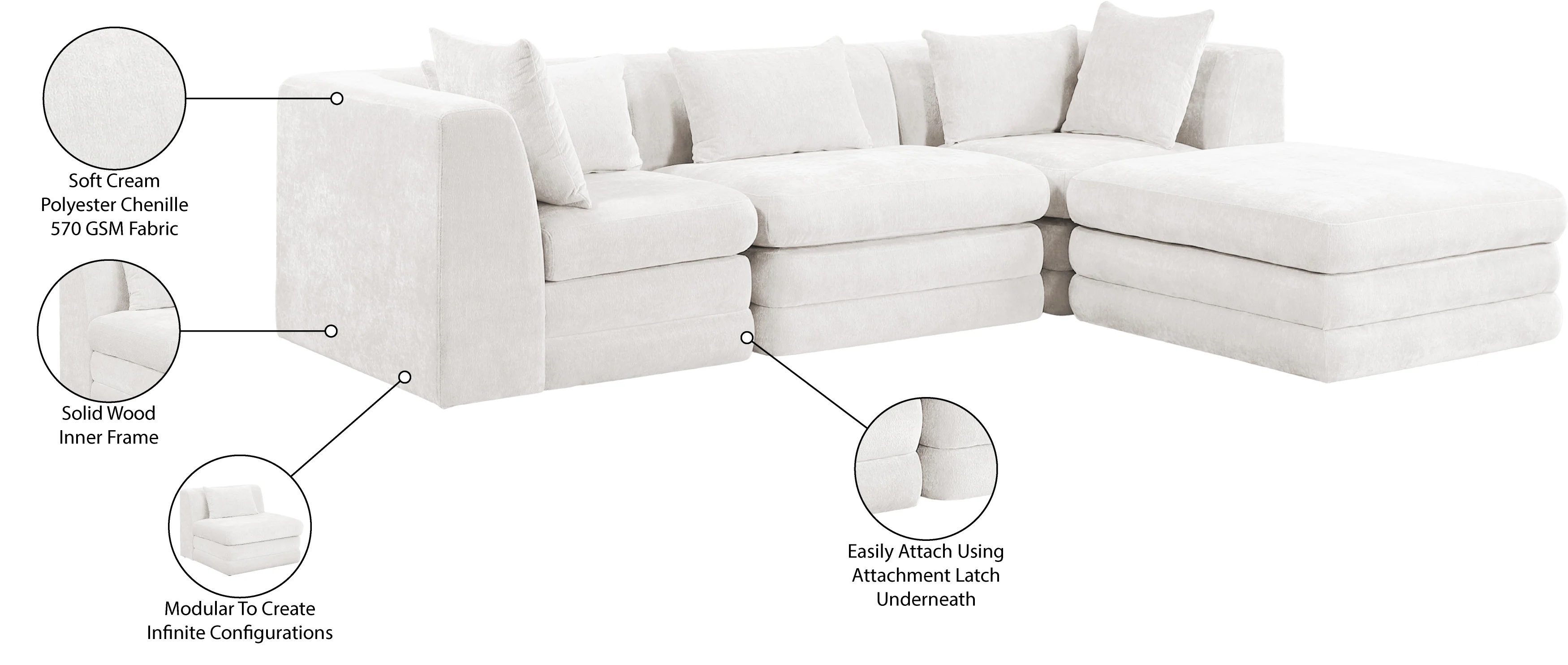 Newport Cream 114" Chenille Fabric Upholstered 4-Piece Modular Sectional - Image 12