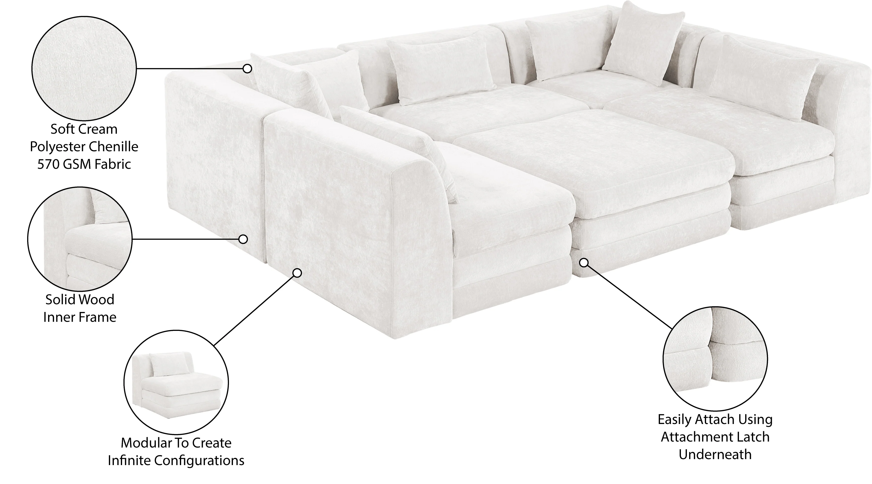 Newport Cream 114" Chenille Fabric Upholstered 6-Piece Modular Sectional - Image 9