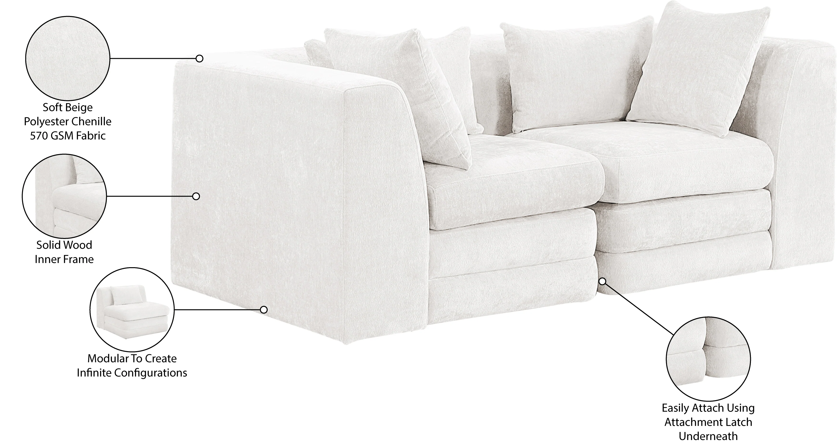 Newport Cream 76" Chenille Fabric Upholstered 2-Piece Modular Loveseat - Image 9