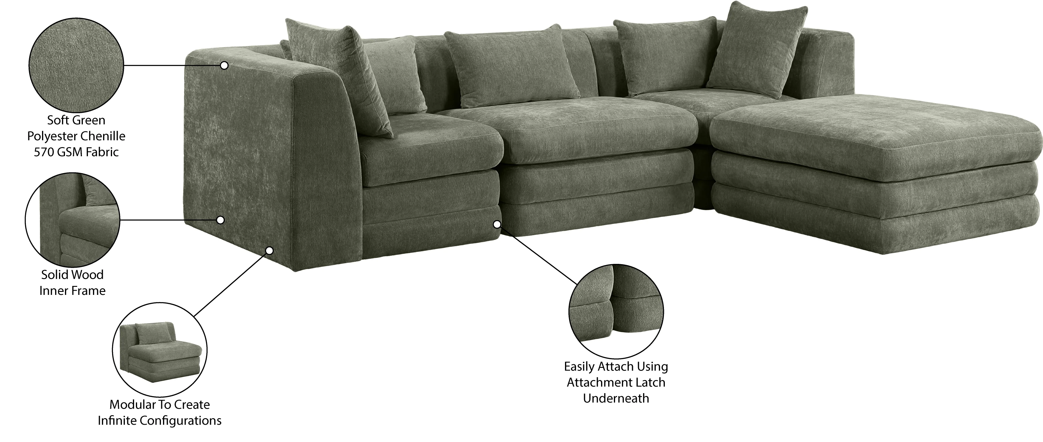 Newport Green 114" Chenille Fabric Upholstered 4-Piece Modular Sectional - Image 12