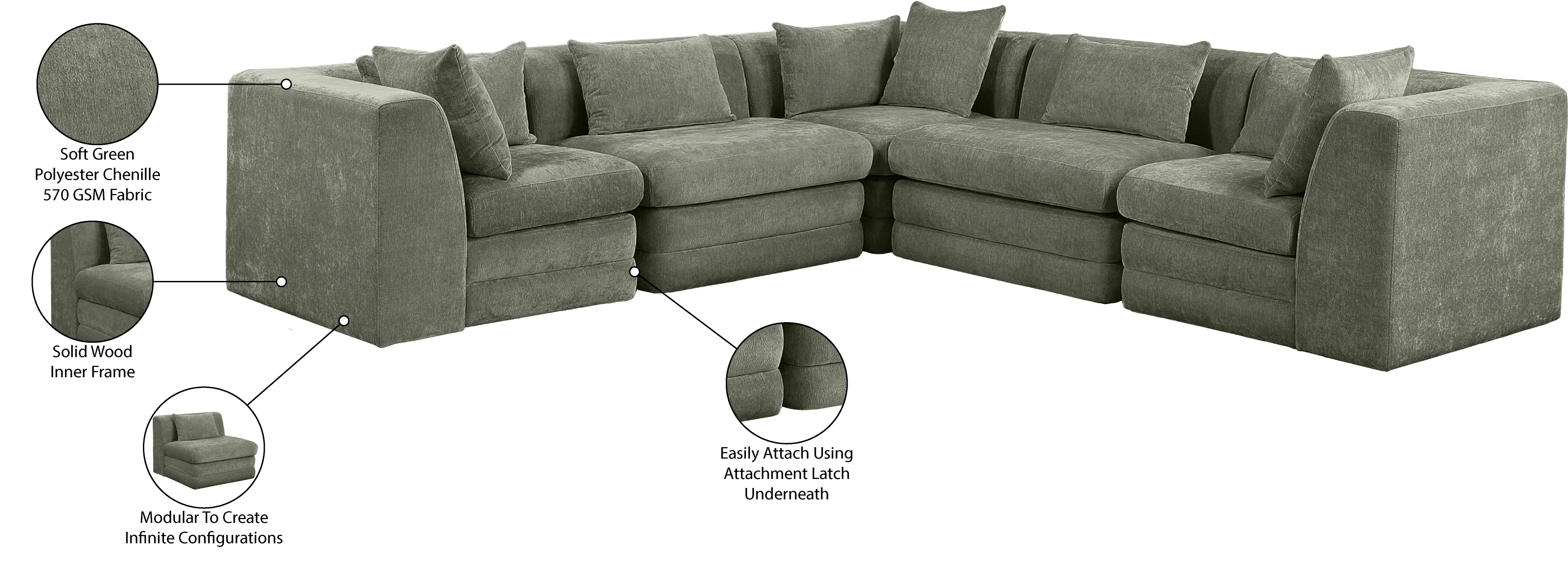 Newport Green 114" Chenille Fabric Upholstered 5-Piece Modular Sectional - Image 9