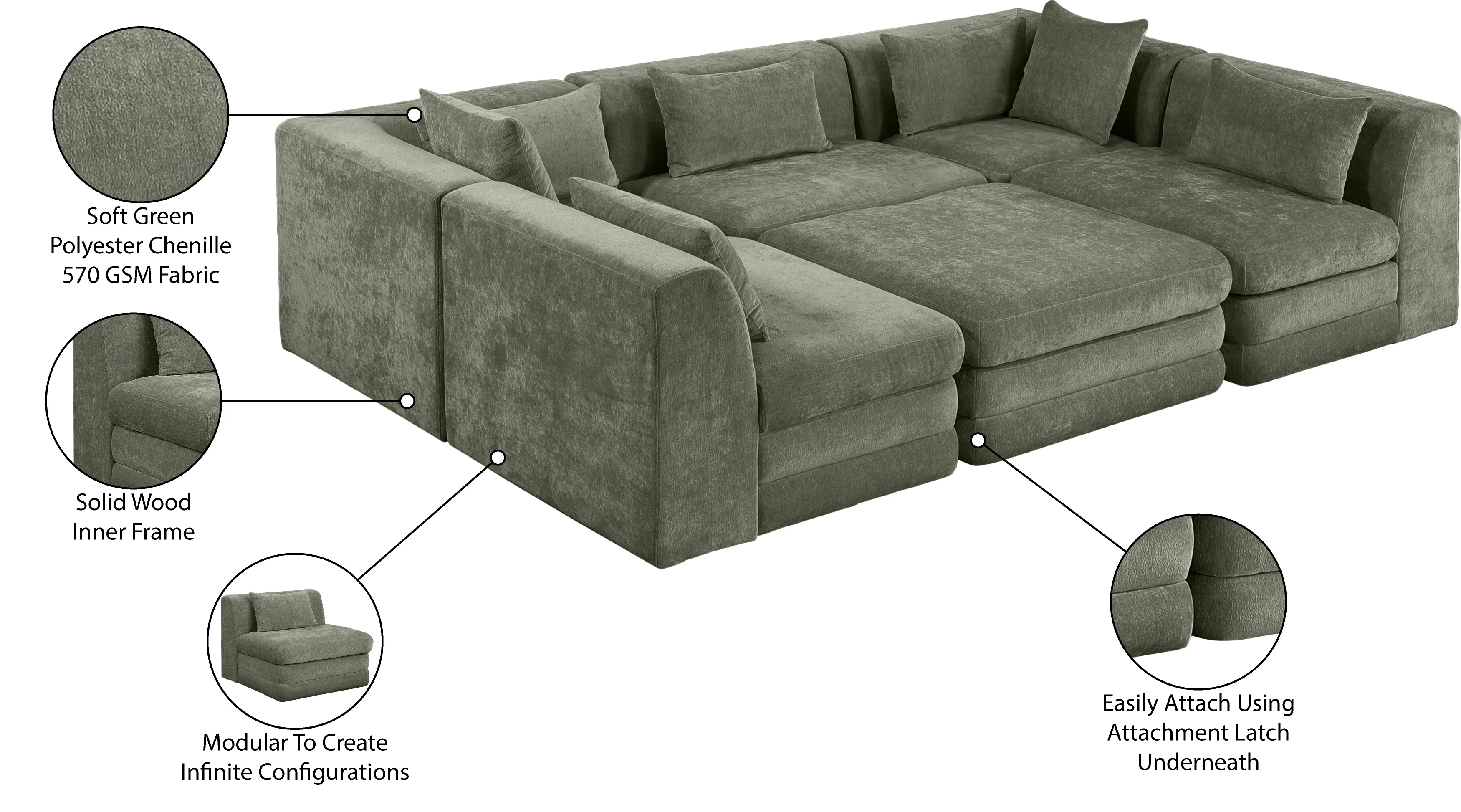 Newport Green 114" Chenille Fabric Upholstered 6-Piece Modular Sectional - Image 9