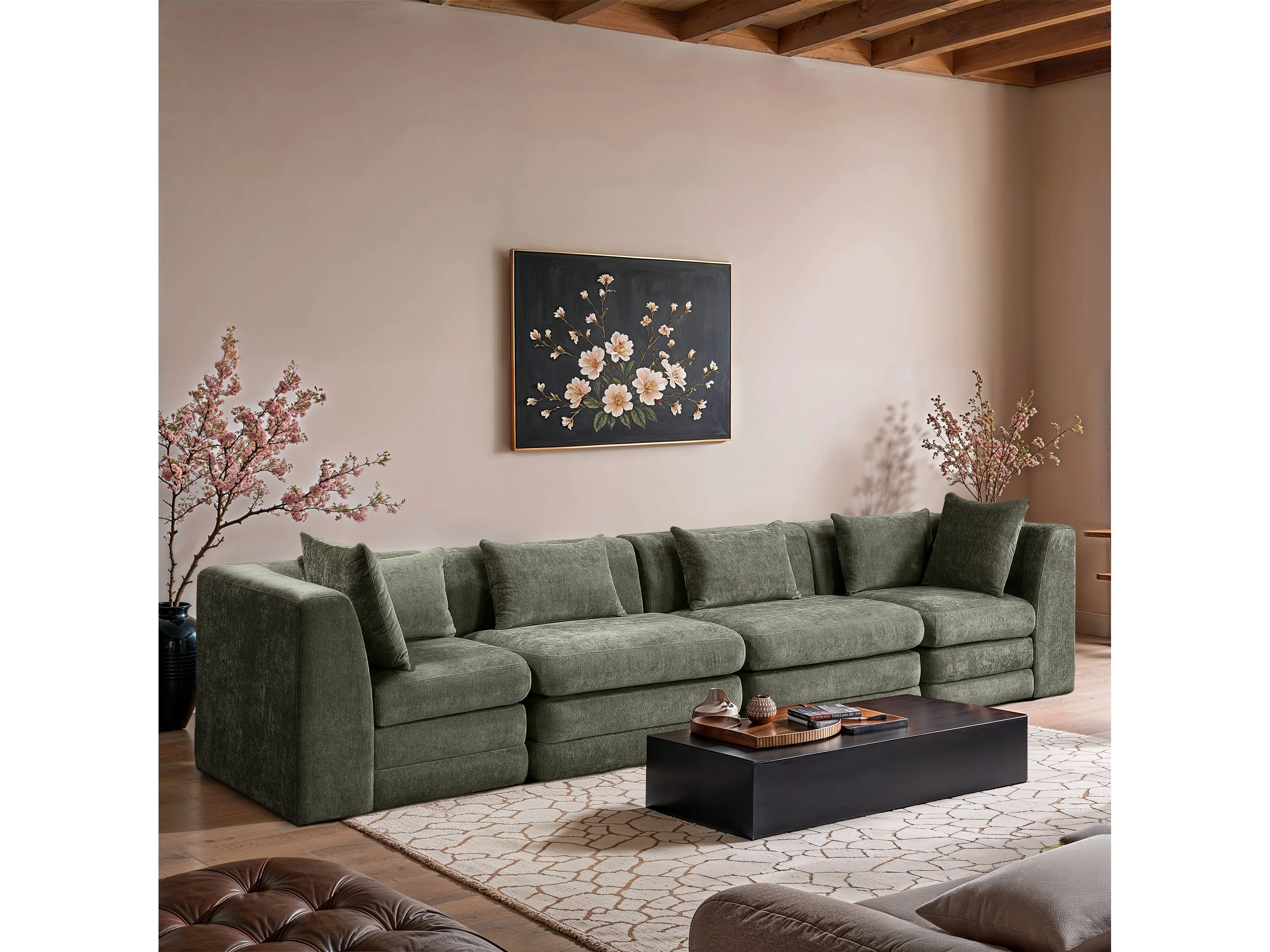 Newport Green 152" Chenille Fabric Upholstered 4-Piece Modular Sofa