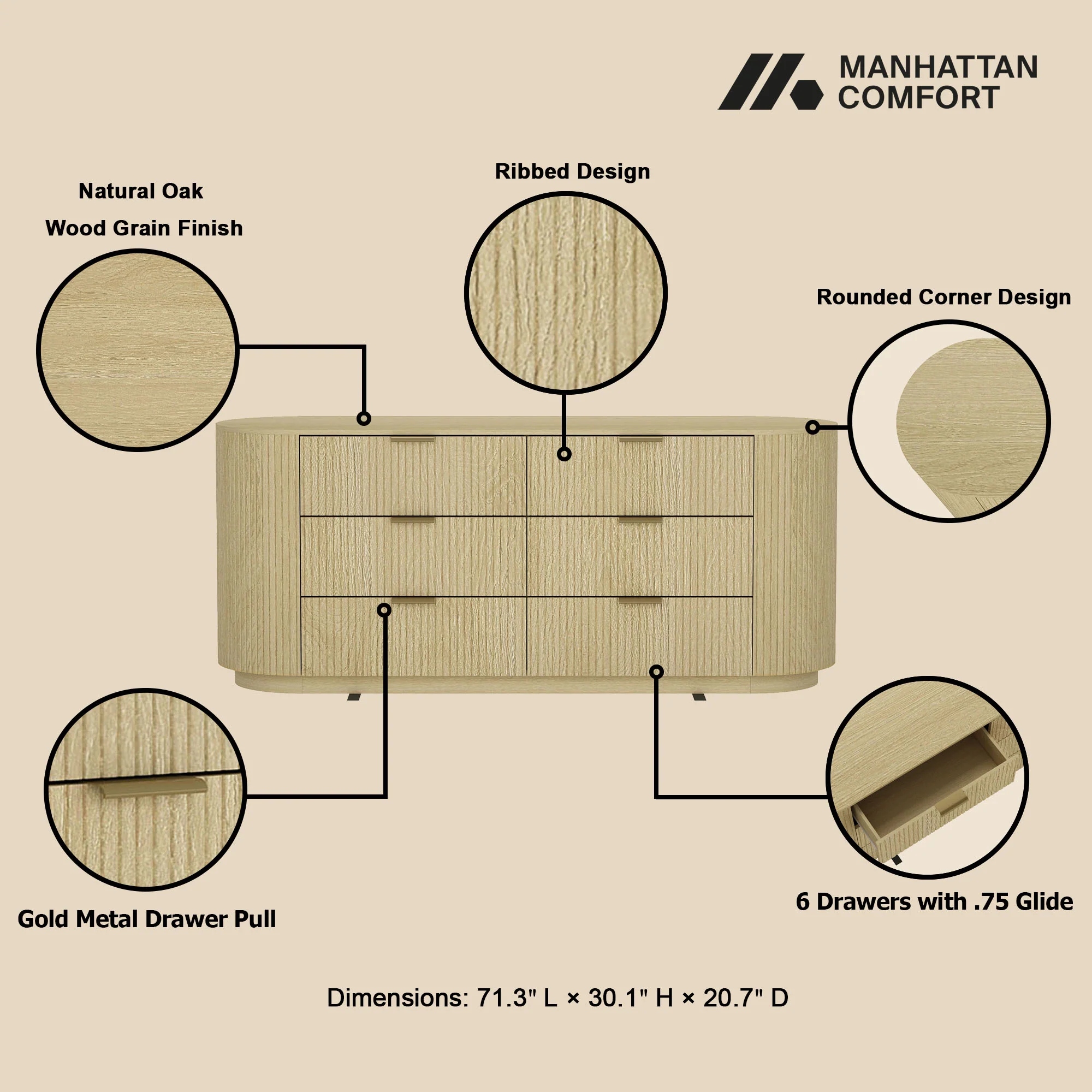 Olivia 71.3" Double Dresser in Natural Oak and Gold - Image 4