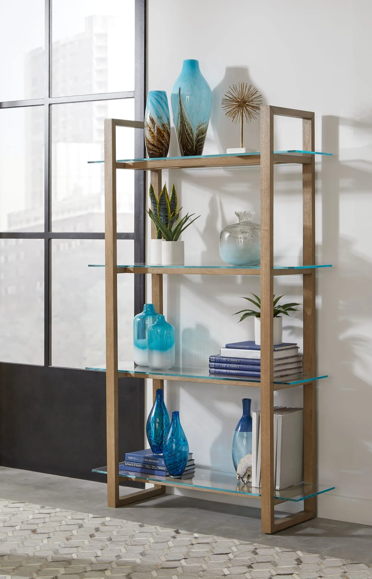 One Bisque/Clear Modern Coastal Glass Shelf Bookcase - Image 2