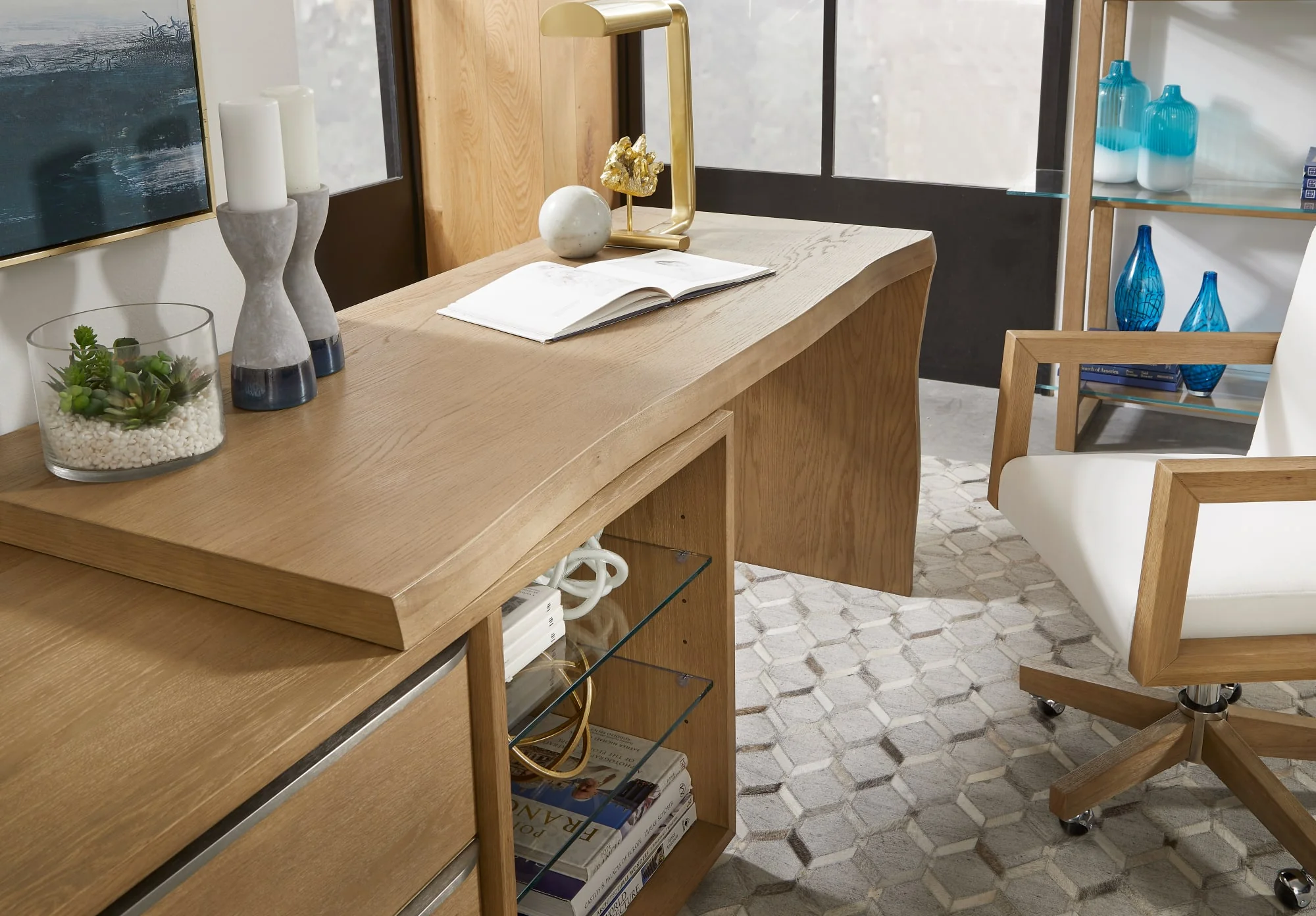 One White Oak/Glass Live Edge Executive Desk - Image 7