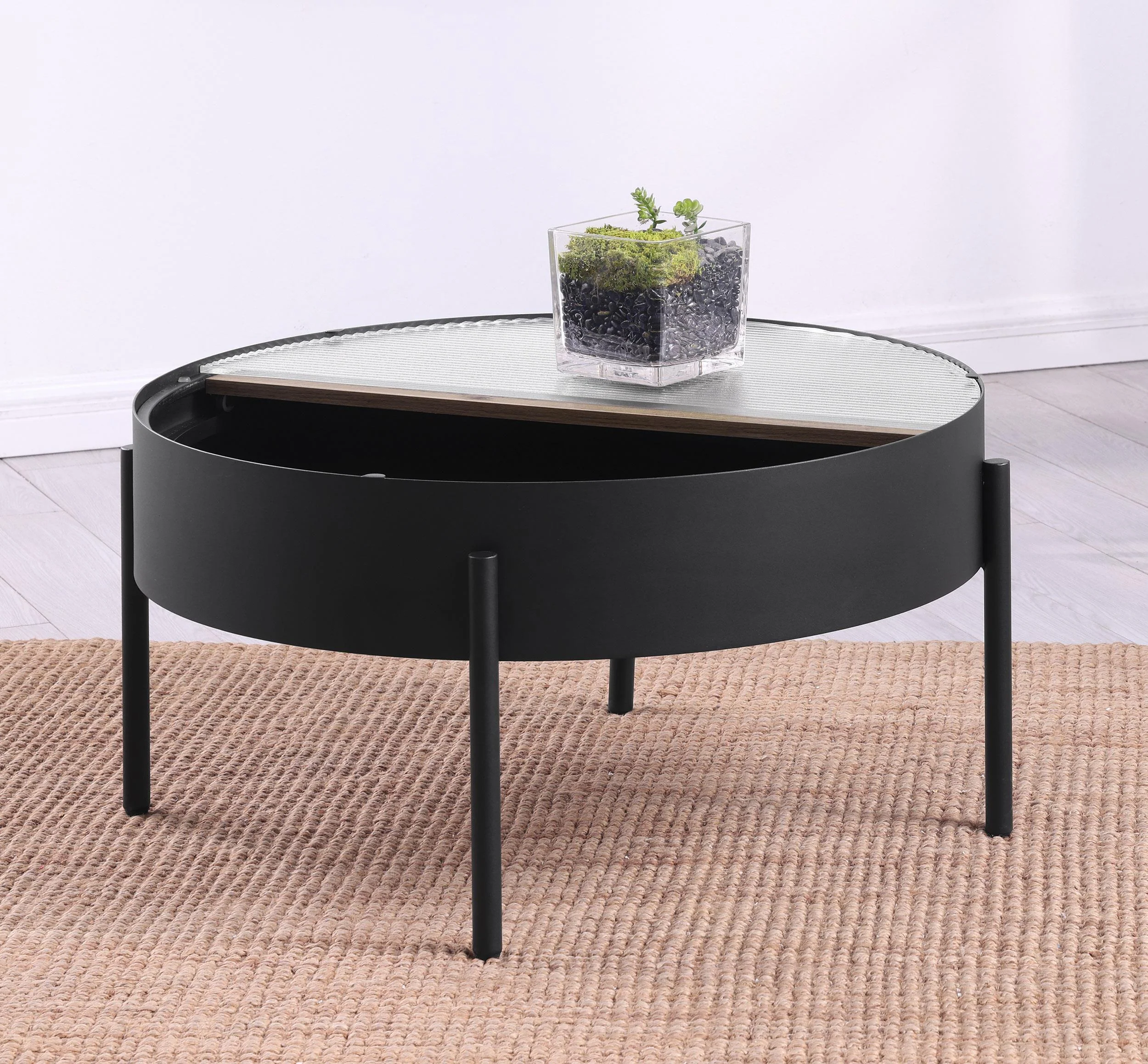 Ozella Sandy Black Round Coffee Table with Hidden Storage - Image 4