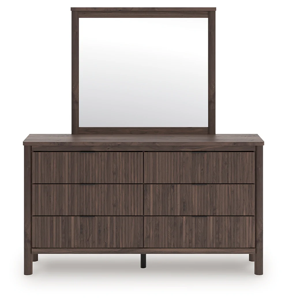 Pamytta Brown/Black Queen Upholstered Platform Bed, Dresser and Mirror (Online Special Price) - Image 2