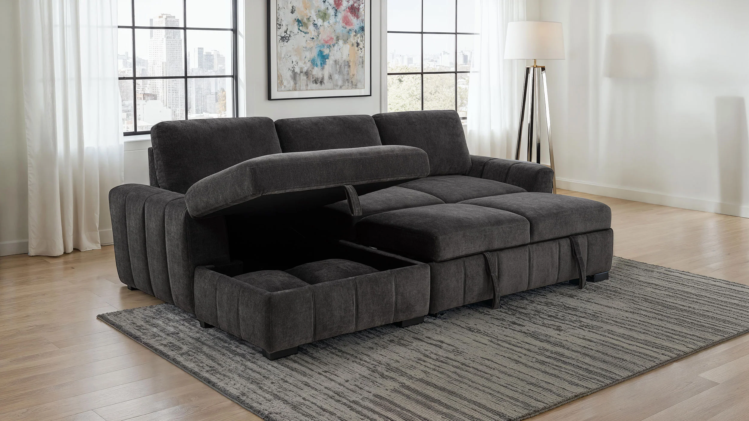 Pastrana Charcoal Grey Upholstered Sleeper Sectional Sofa LAF Chaise - Image 2