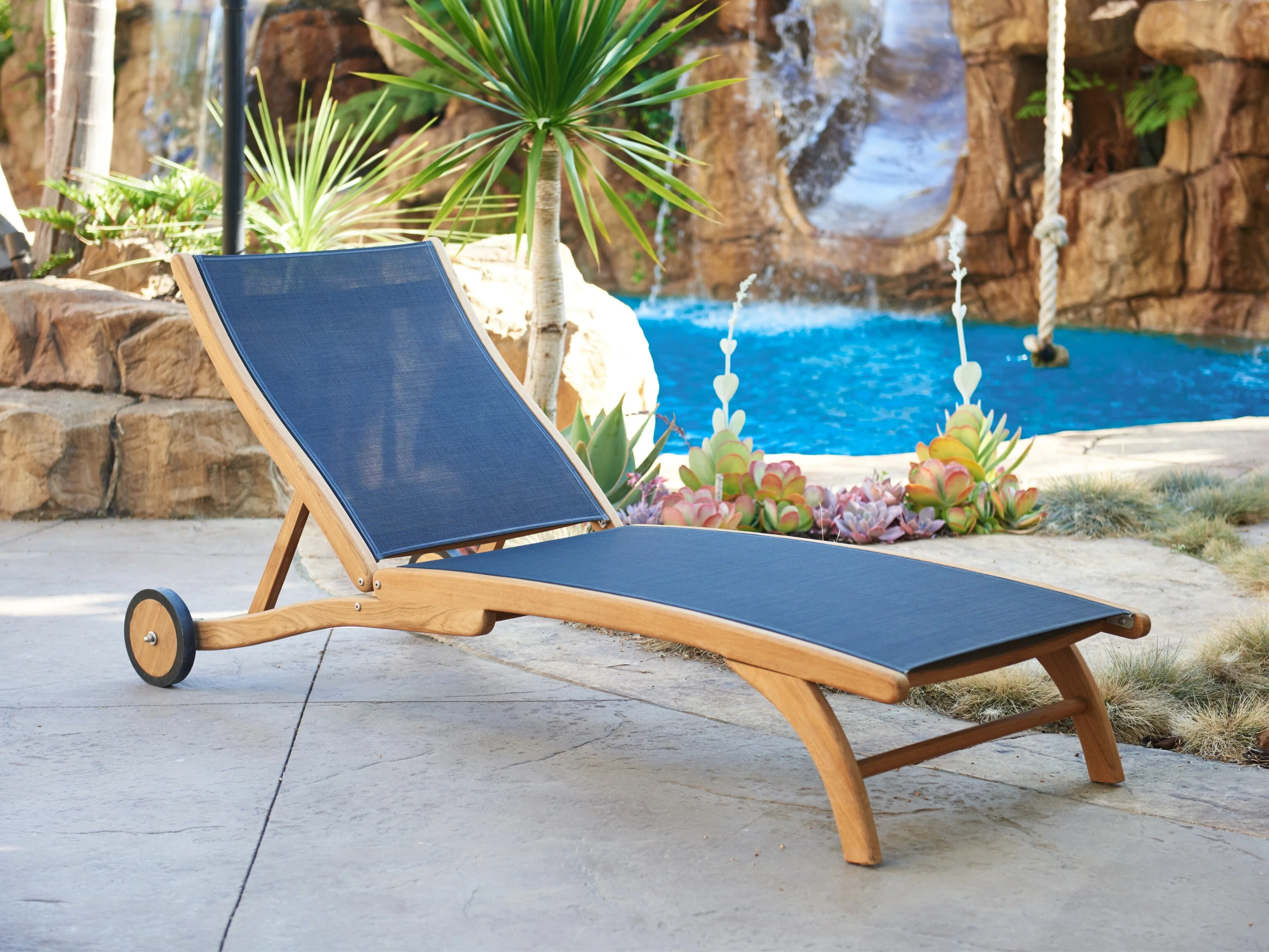 Pearl Teak Blue Outdoor Reclining Sunlounger with Rear Wheels - Image 3