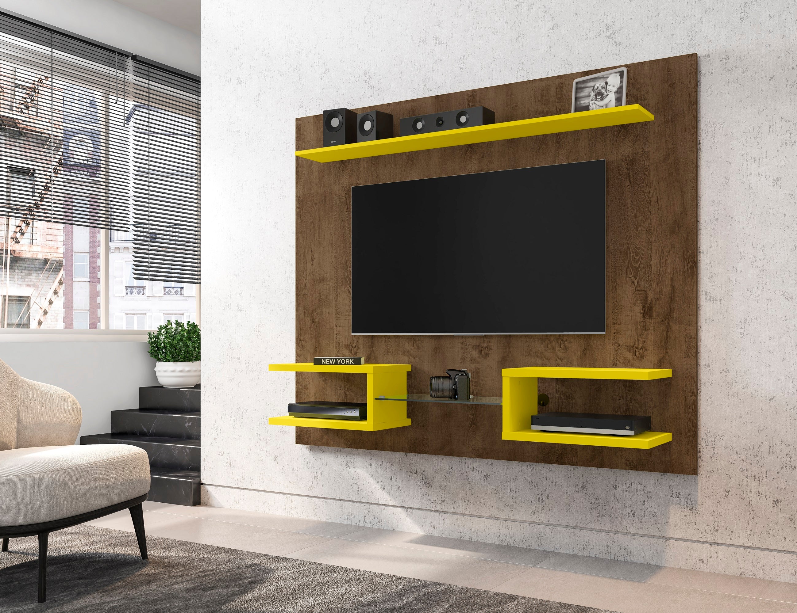 Plaza 64.25 Floating Entertainment Center in Rustic Brown and Yellow - Image 2