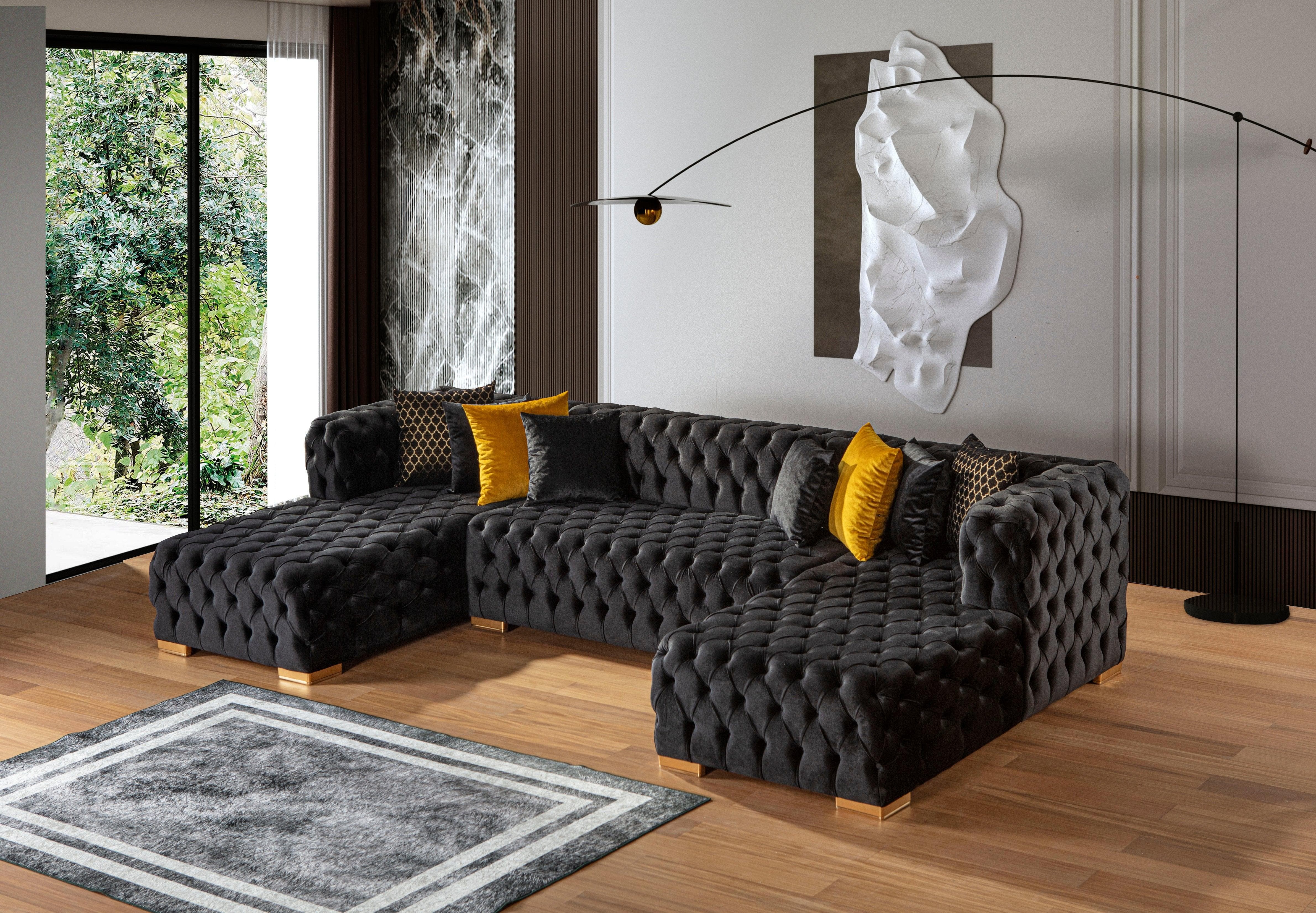 Polo Black Velvet Double Chaise "U" Shape Sectional Sofa - Image 5