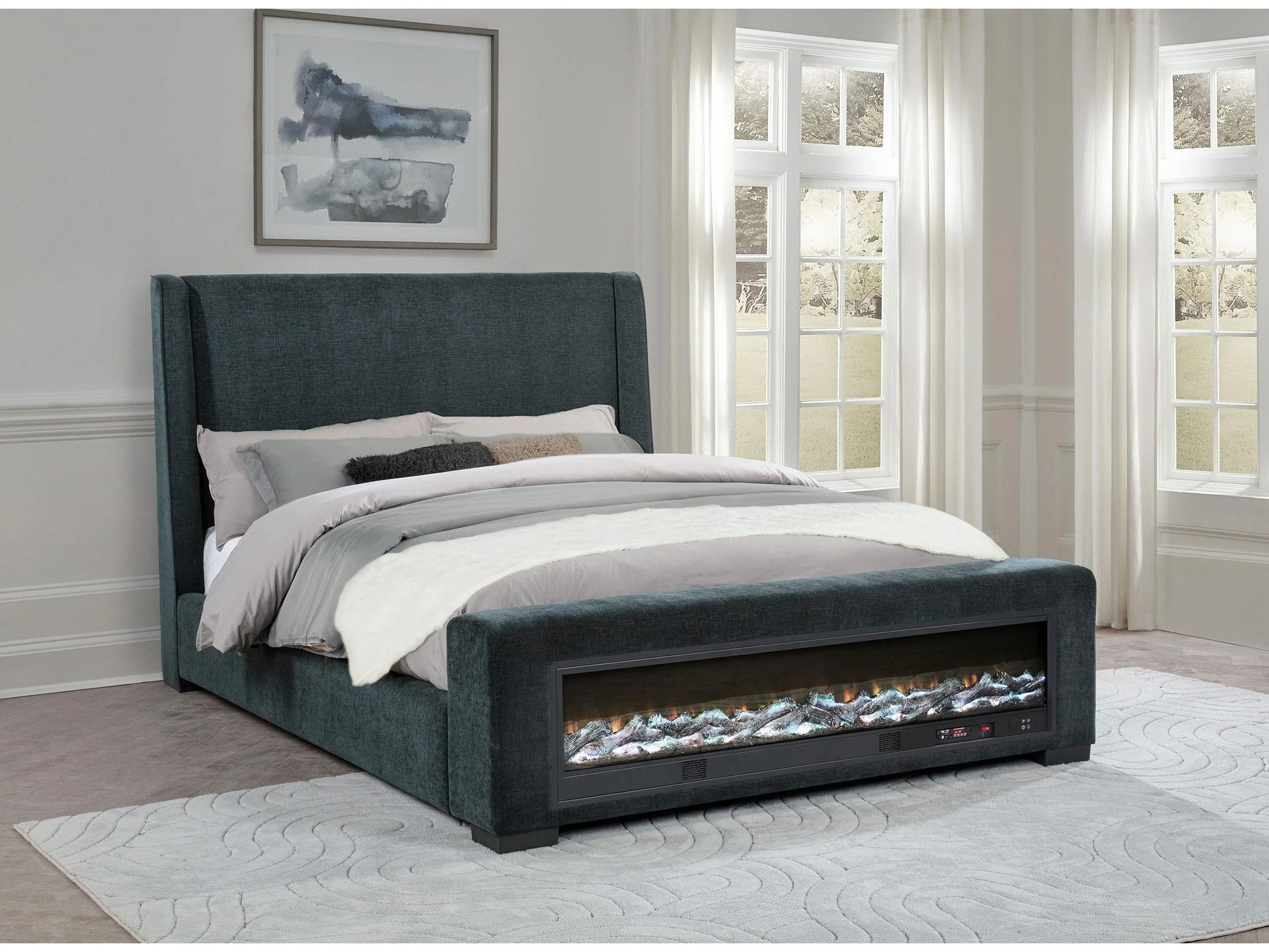 Preston Blue Upholstered Queen Audio Flame Visualizer Bed