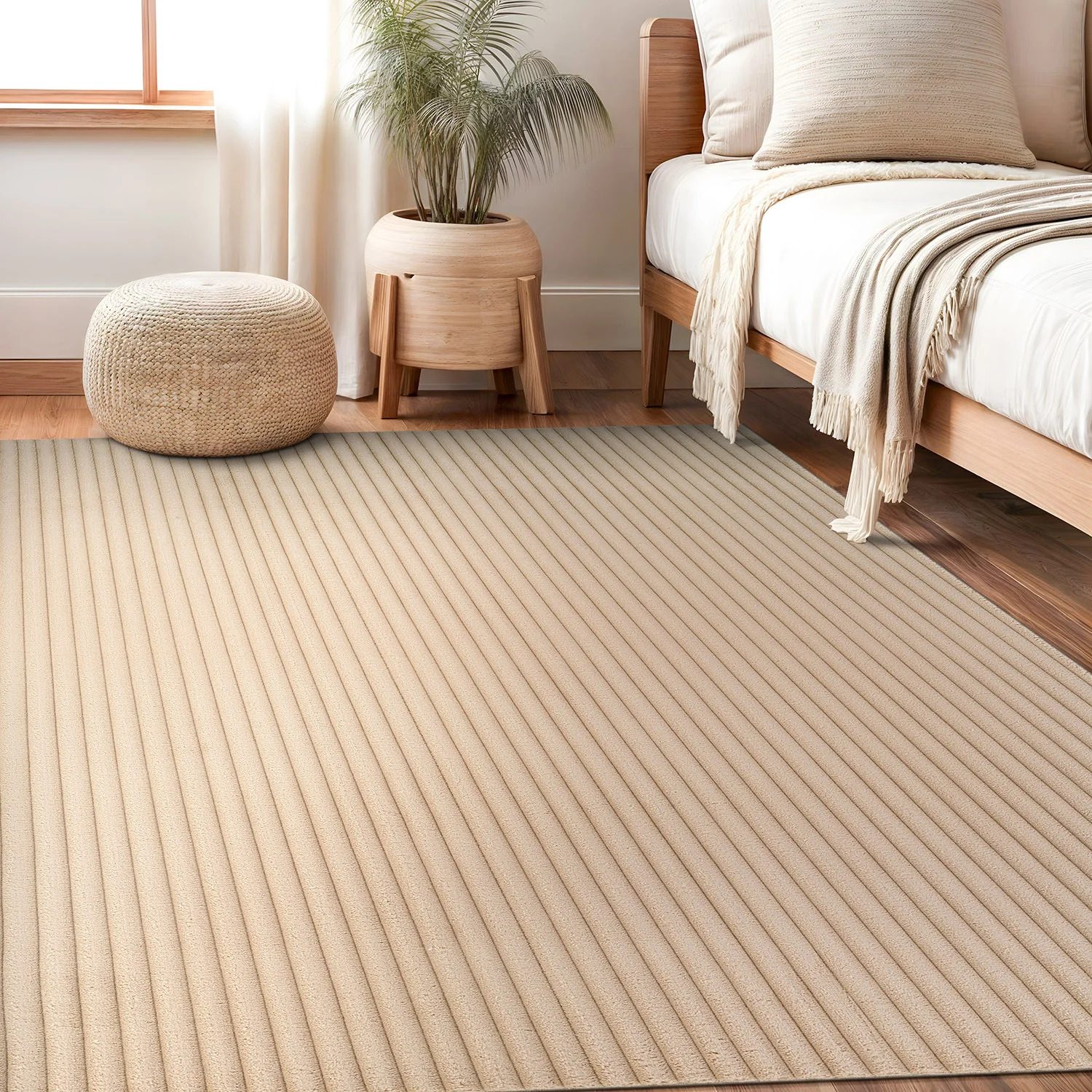 Puff Beige Ribbed Ultra Soft Plush Non Slip Washable Area Rugs - Image 6