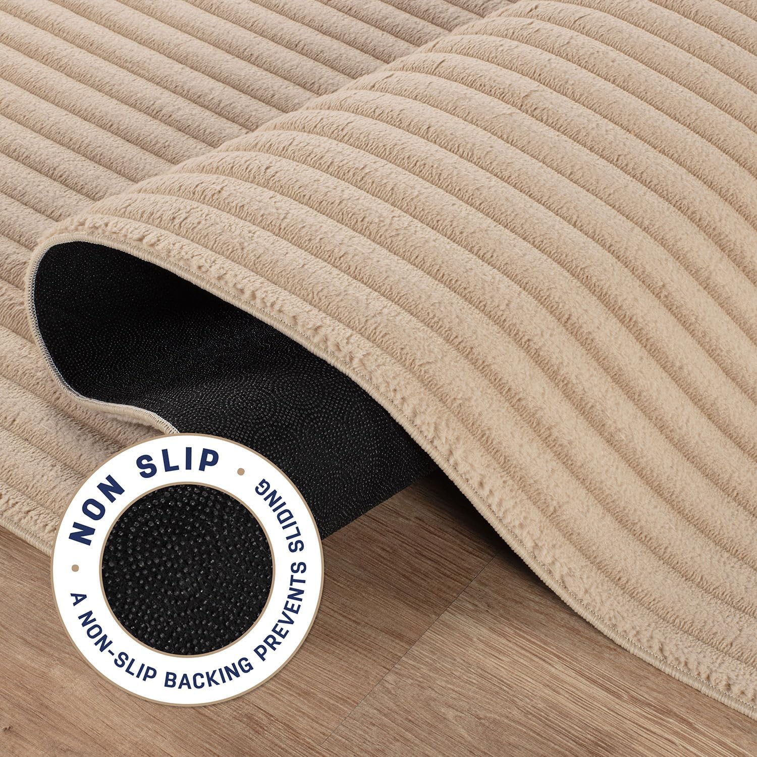 Puff Beige Ribbed Ultra Soft Plush Non Slip Washable Area Rugs - Image 9