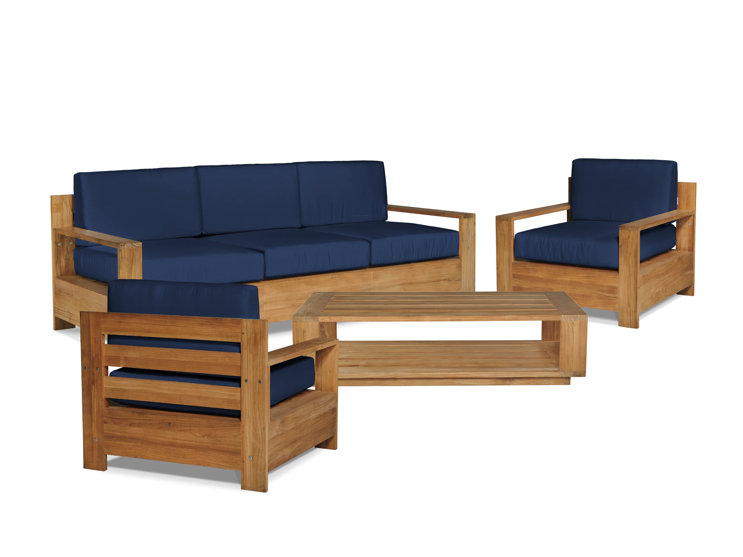 Qube 3-Person Teak Navy Outdoor Sofa with Sunbrella® Cushion - Image 4
