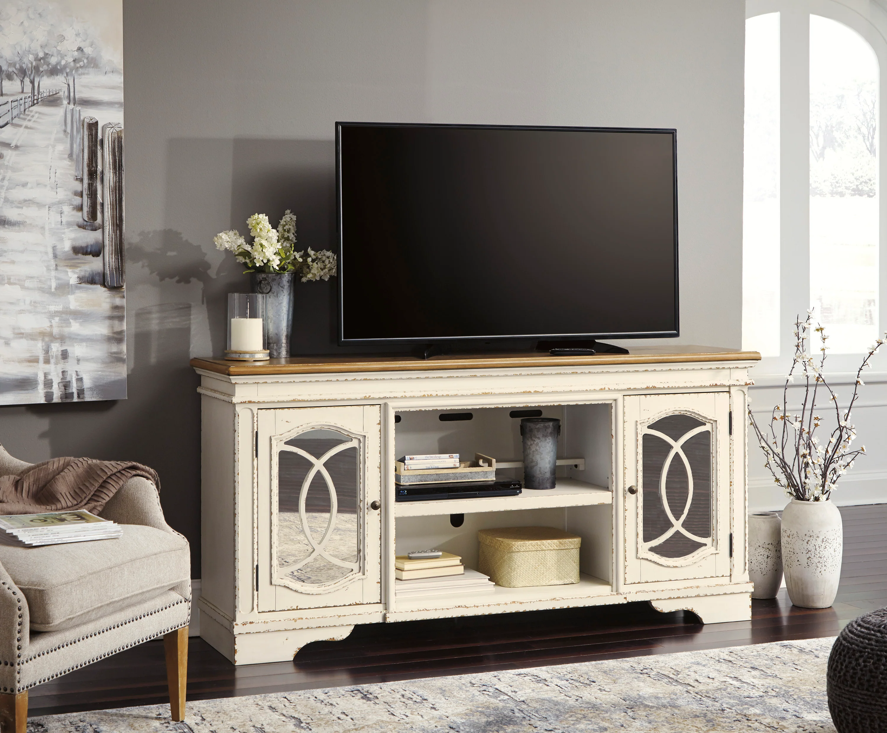 Realyn Chipped White XL 74" TV Stand w/Fireplace Option - Image 3