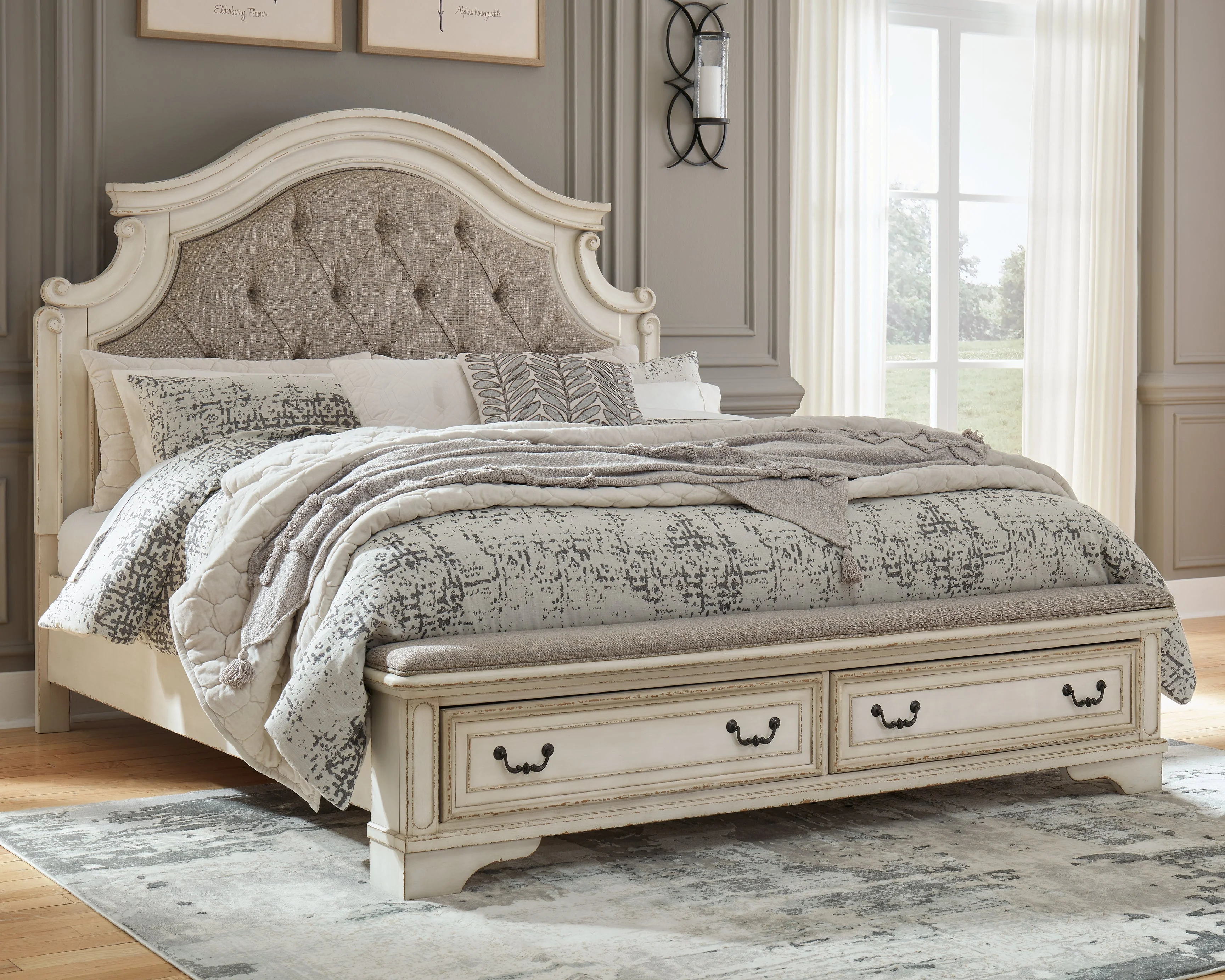Realyn Chipped White King Upholstered Bedroom Set with Dresser and Mirror (Online Special Price) - Image 8